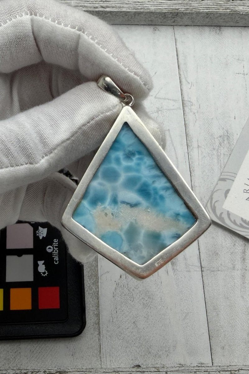 Larimar Pendant Extra Large 925 Sterling Silver diamond shape - Larimar Creations