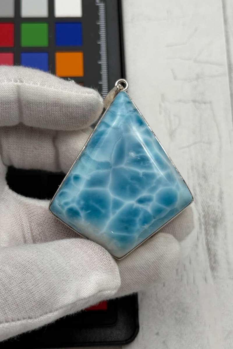Larimar Pendant Extra Large 925 Sterling Silver diamond shape - Larimar Creations