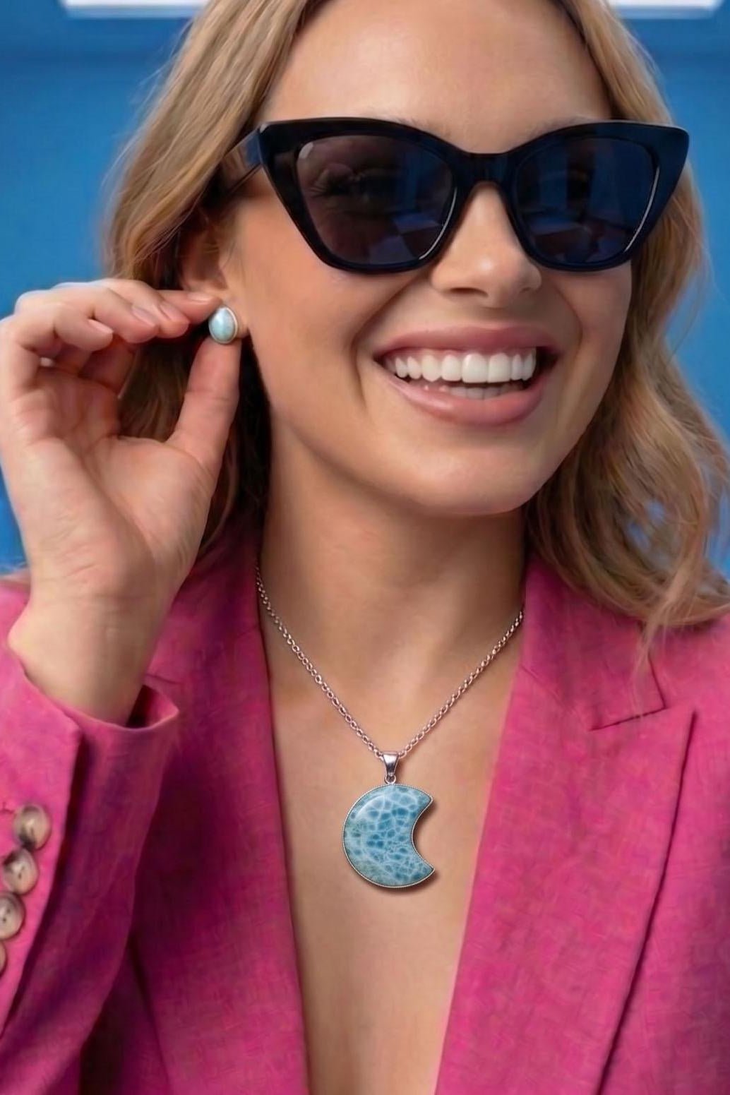Larimar pendant Moon shape High Quality - Larimar Creations