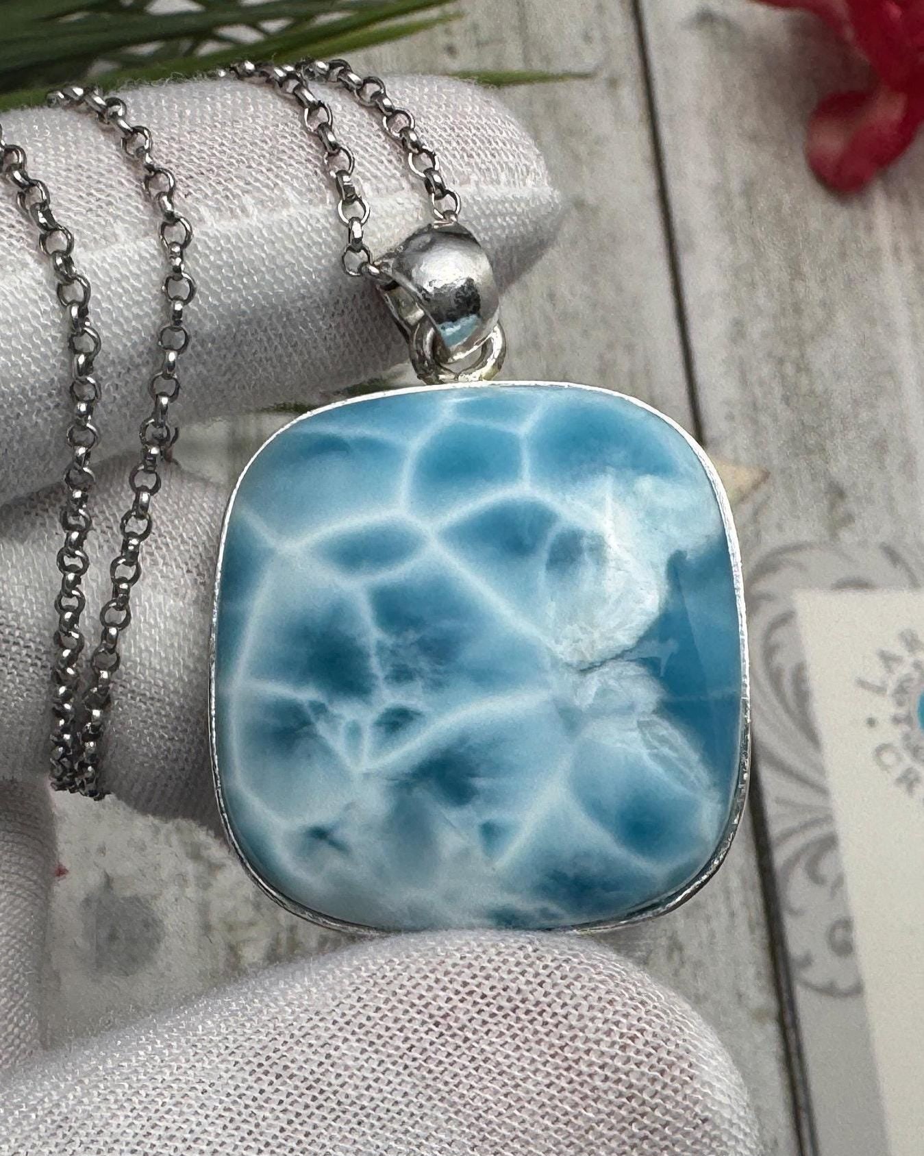 Larimar Pendant Square Blue Gemstone, 925 Sterling Silver - Larimar Creations
