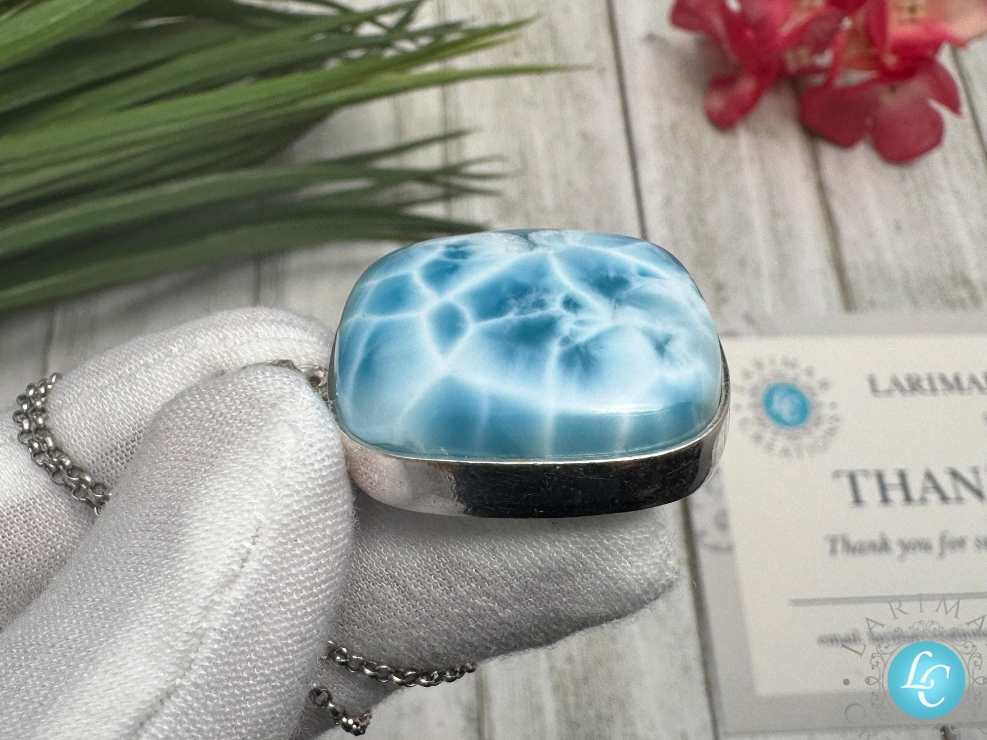 Larimar Pendant Square Blue Gemstone, 925 Sterling Silver - Larimar Creations