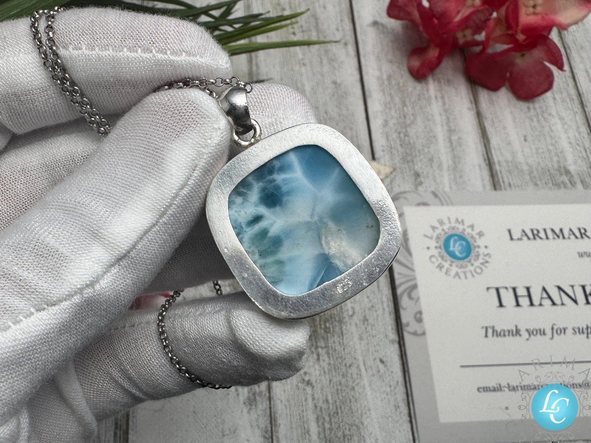 Larimar Pendant Square Blue Gemstone, 925 Sterling Silver - Larimar Creations