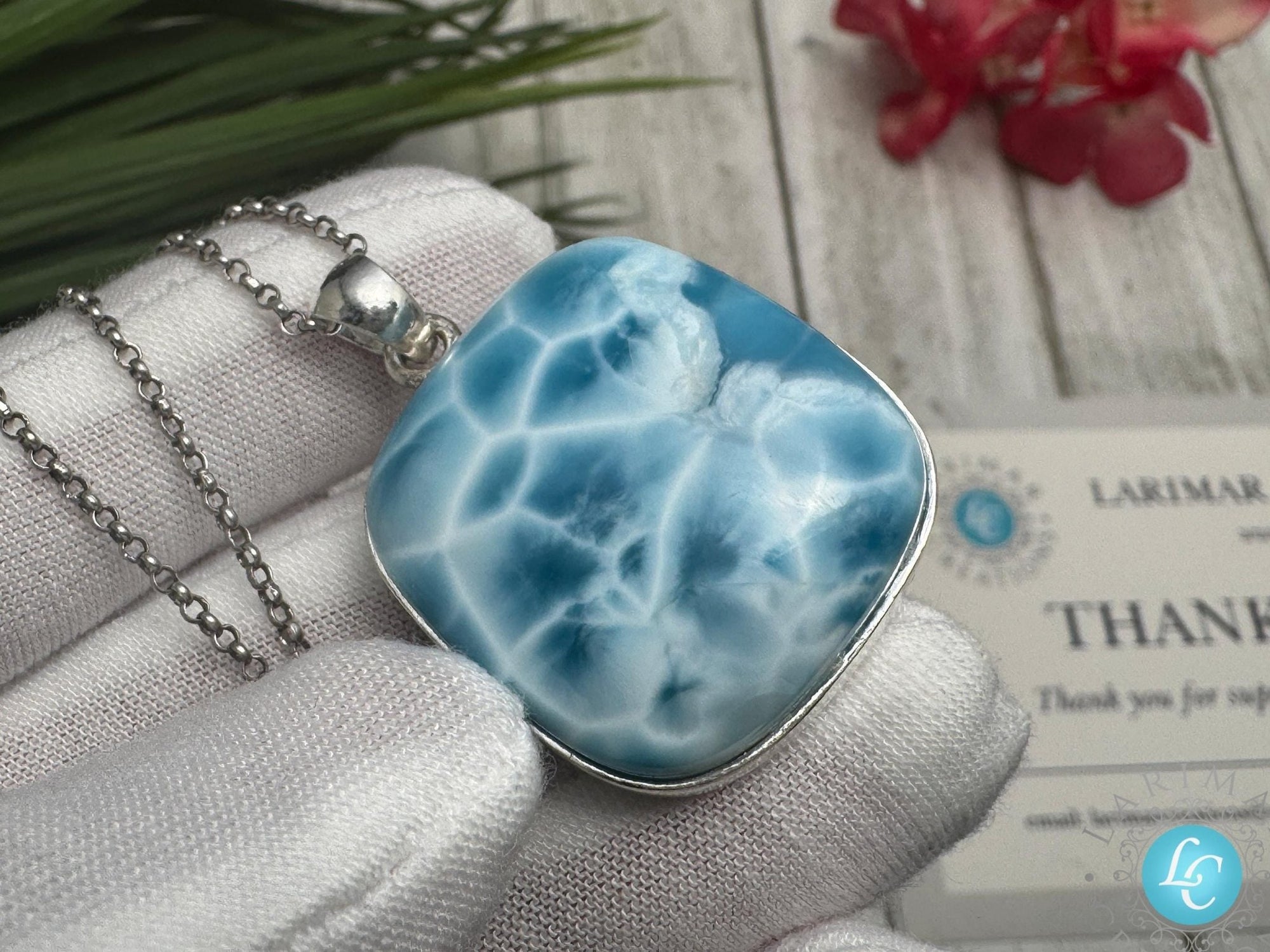 Larimar Pendant Square Blue Gemstone, 925 Sterling Silver - Larimar Creations