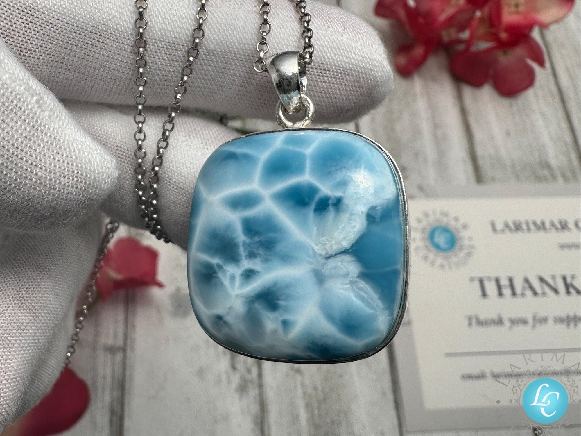 Larimar Pendant Square Blue Gemstone, 925 Sterling Silver - Larimar Creations