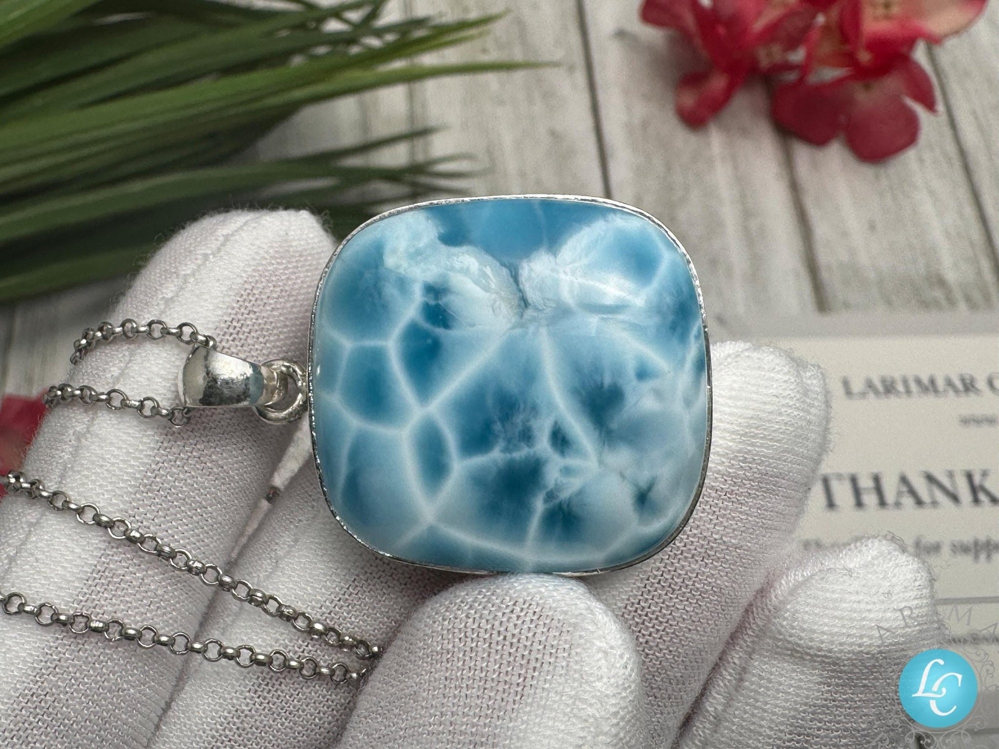 Larimar Pendant Square Blue Gemstone, 925 Sterling Silver - Larimar Creations