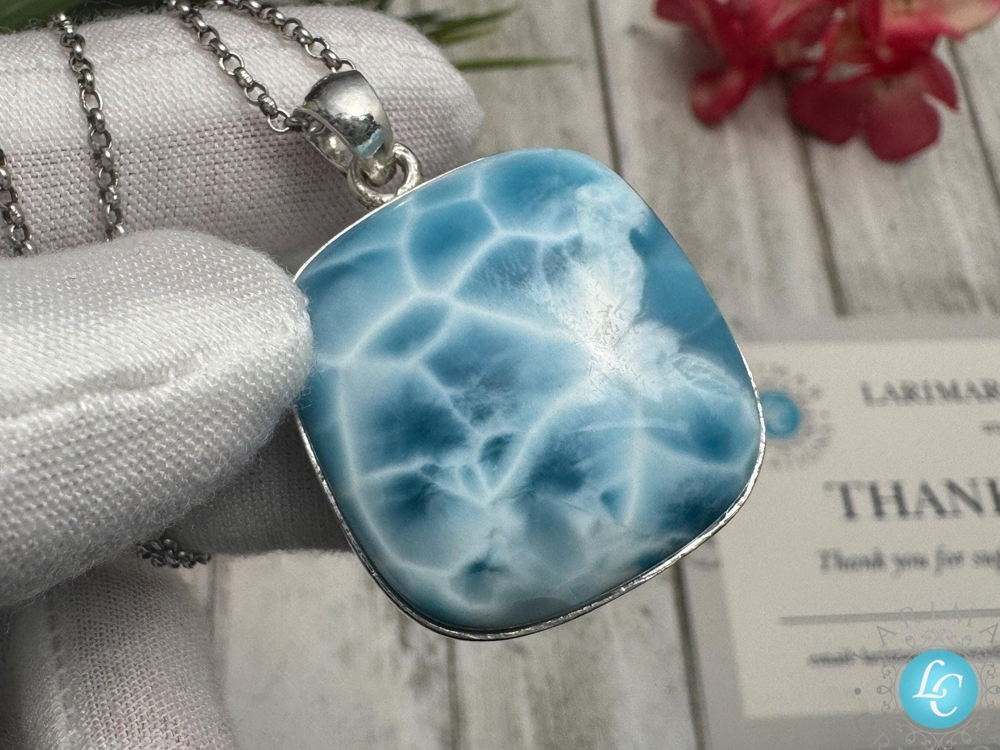 Larimar Pendant Square Blue Gemstone, 925 Sterling Silver - Larimar Creations