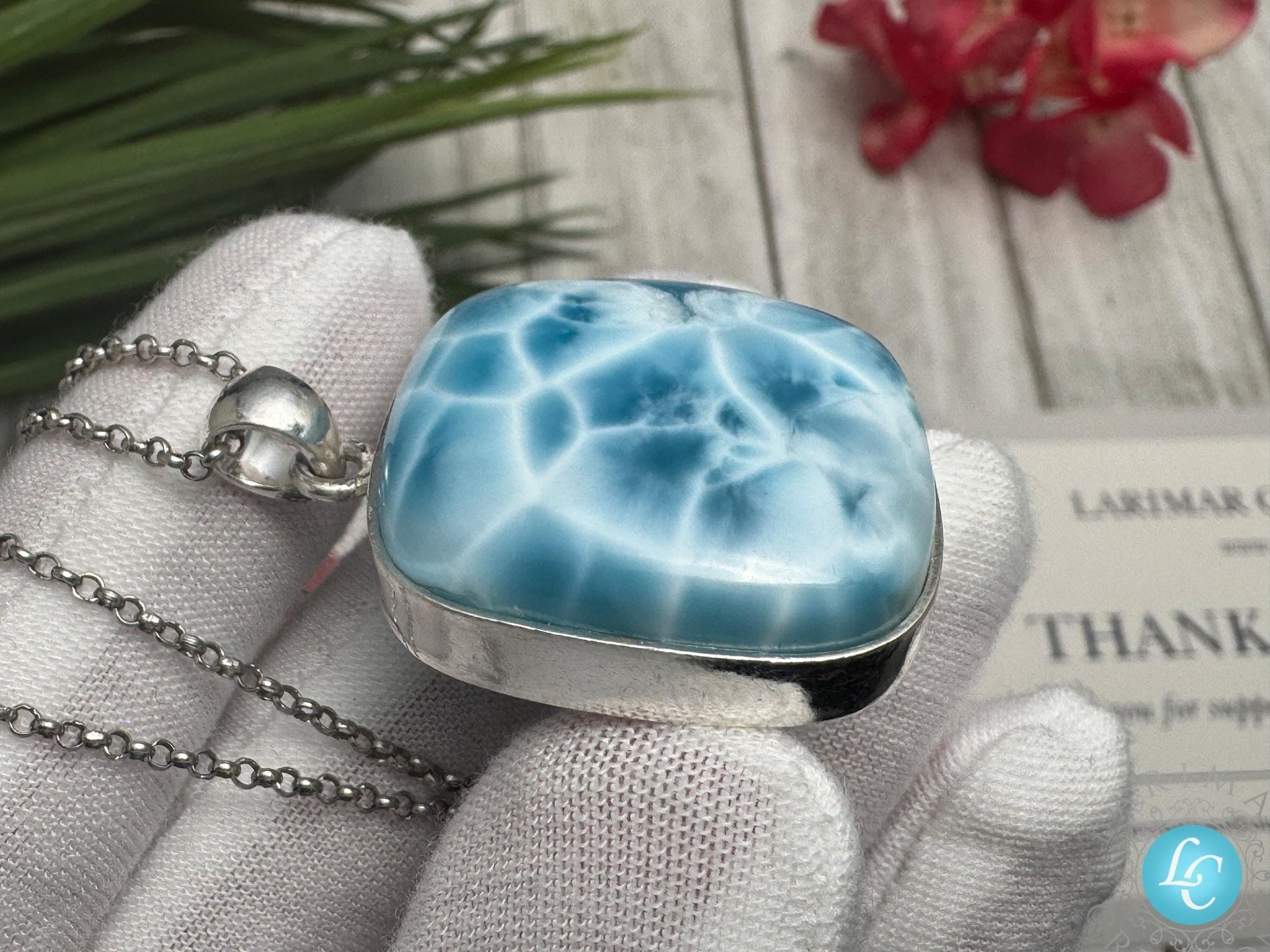 Larimar Pendant Square Blue Gemstone, 925 Sterling Silver - Larimar Creations
