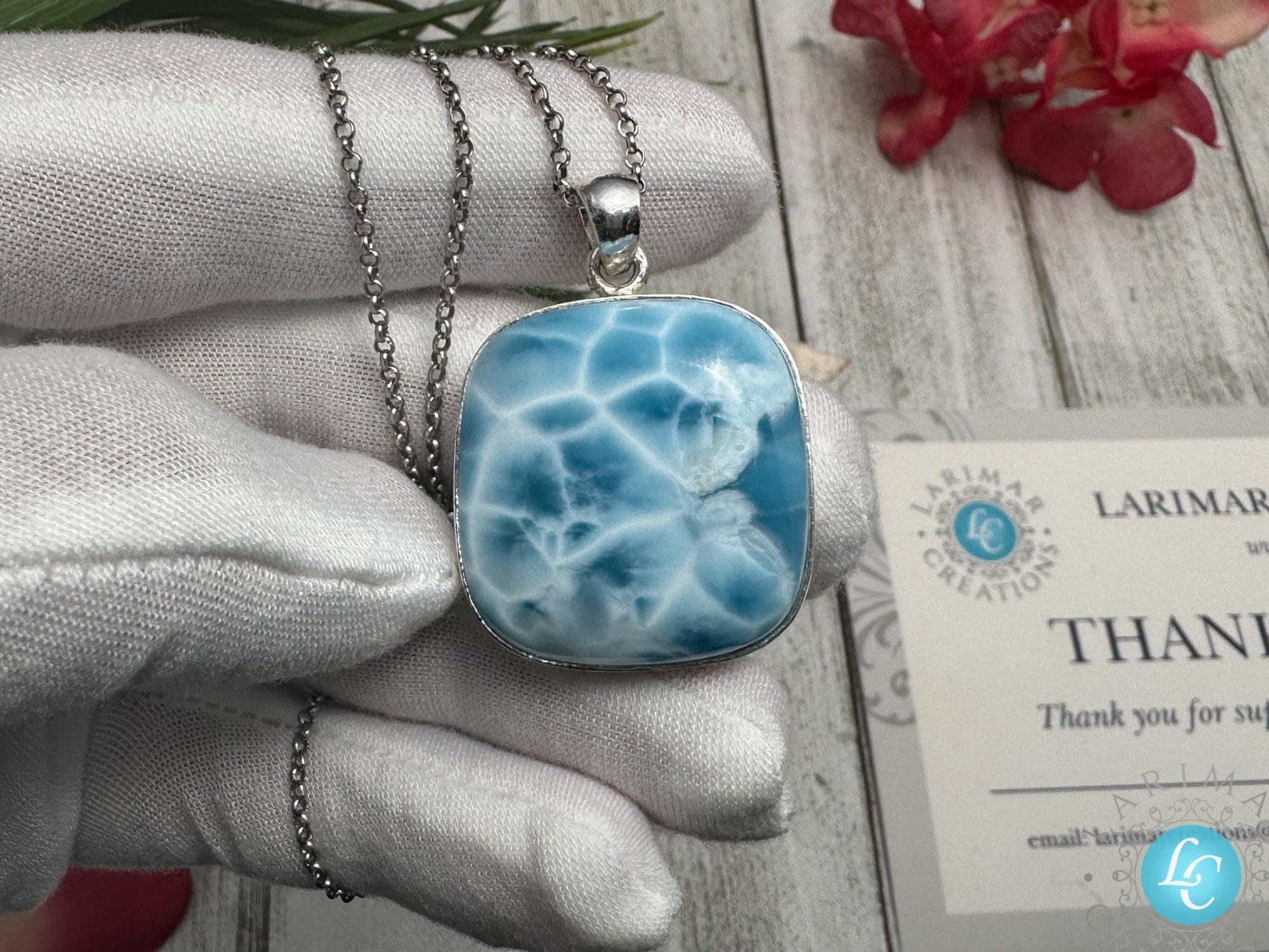 Larimar Pendant Square Blue Gemstone, 925 Sterling Silver - Larimar Creations
