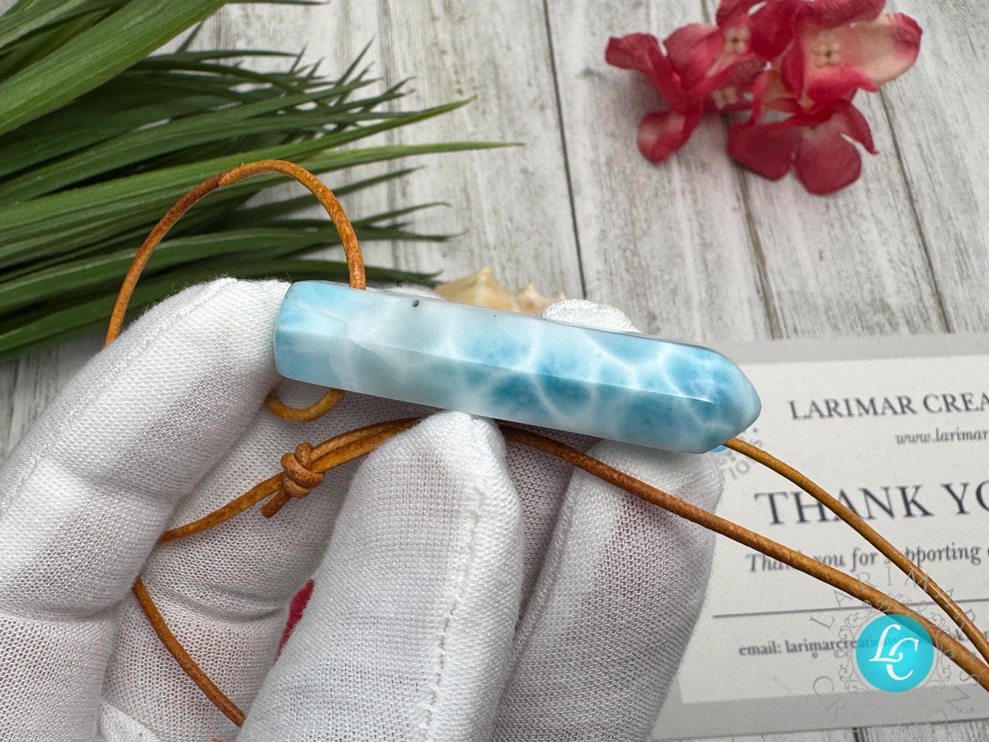 Larimar pointer necklace AAA on leather rope - Larimar Creations