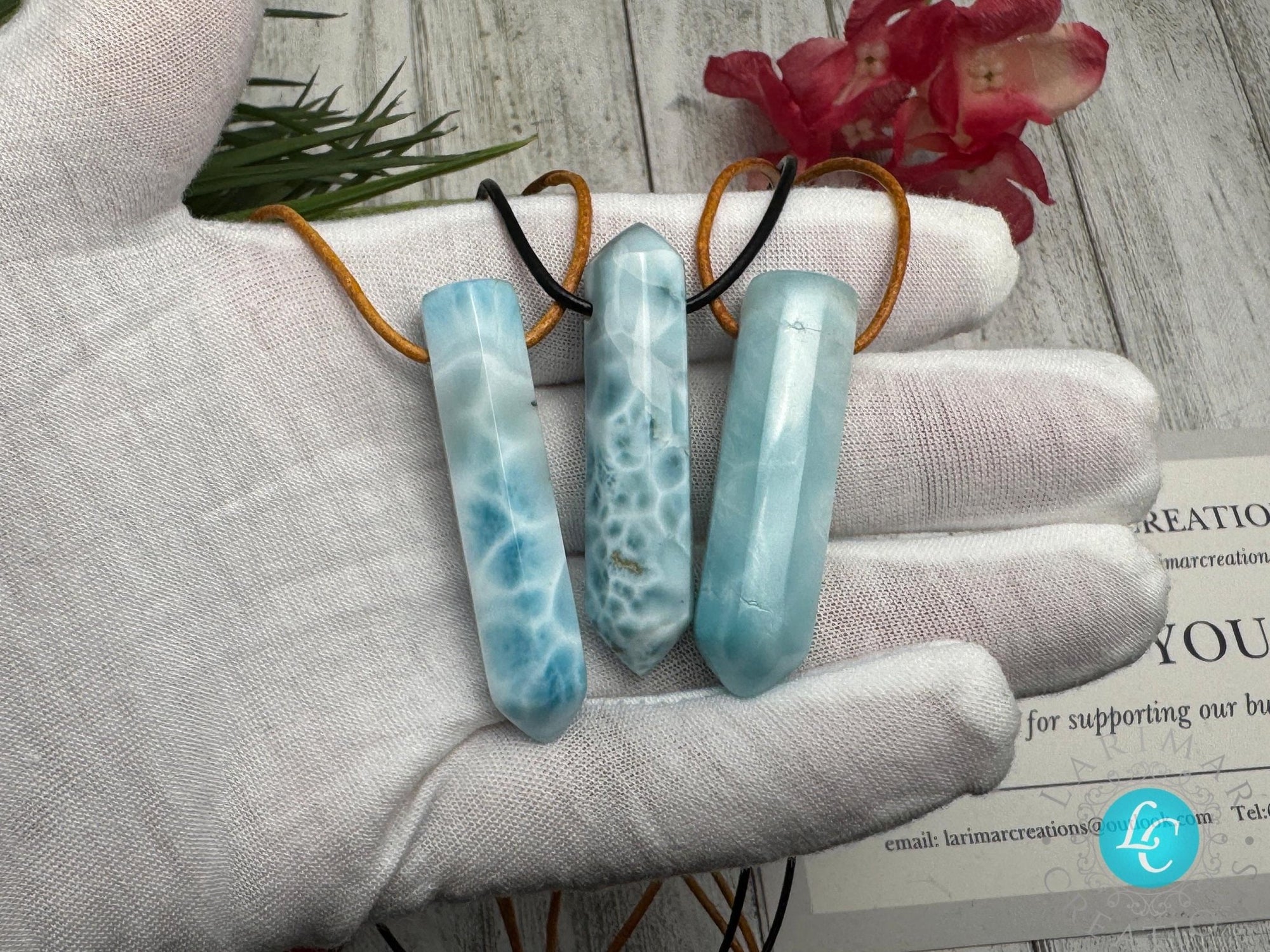 Larimar pointer necklace AAA on leather rope - Larimar Creations