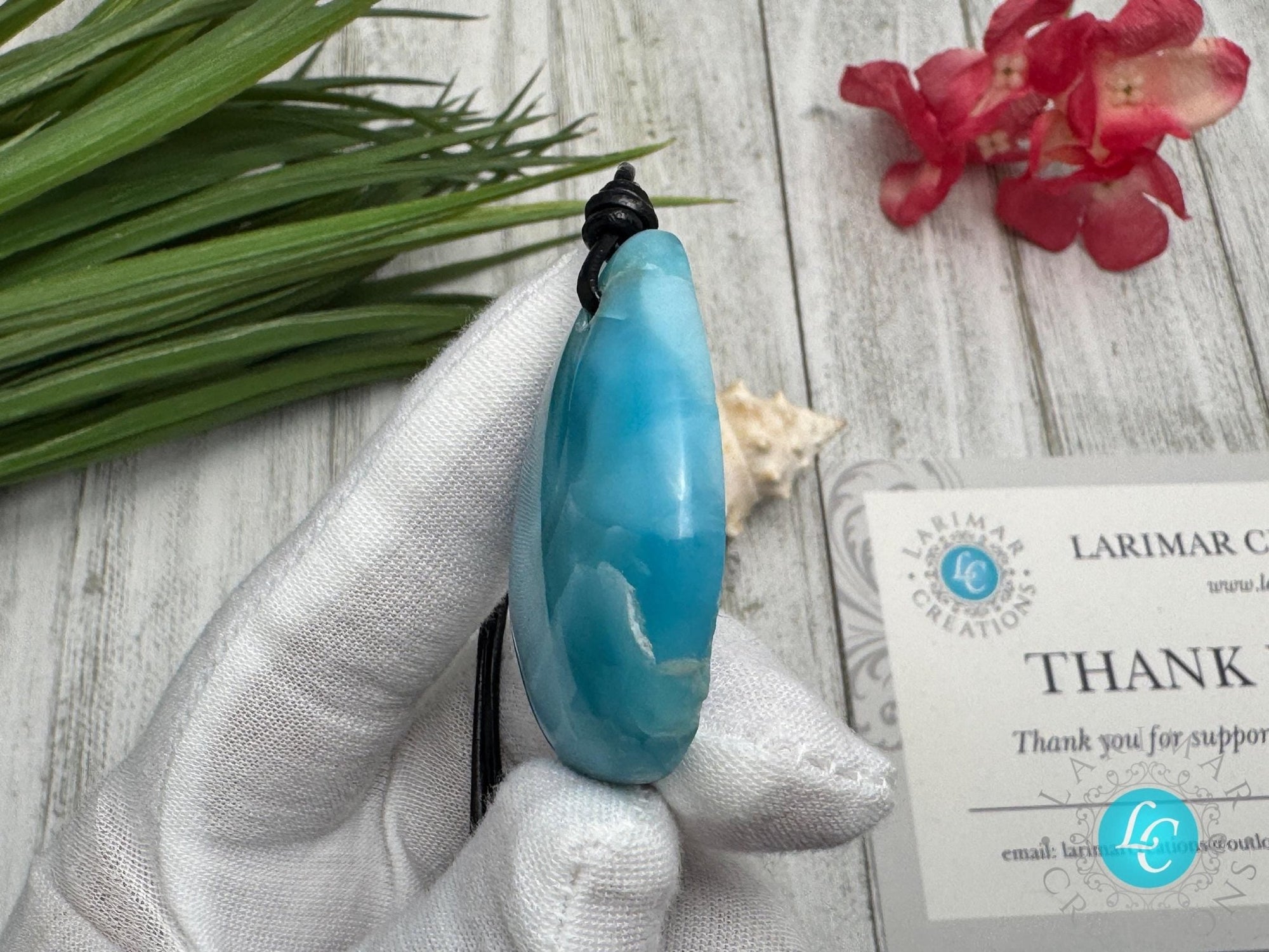 Larimar Teardrop Leather Necklace - Larimar Creations
