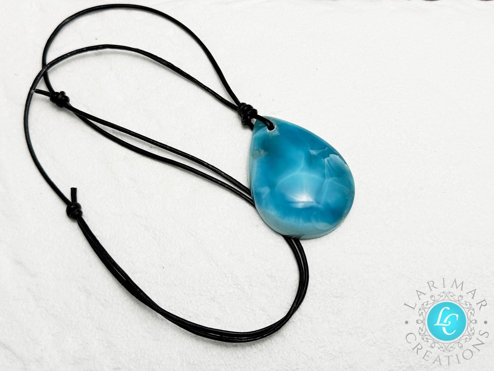 Larimar Teardrop Leather Necklace - Larimar Creations