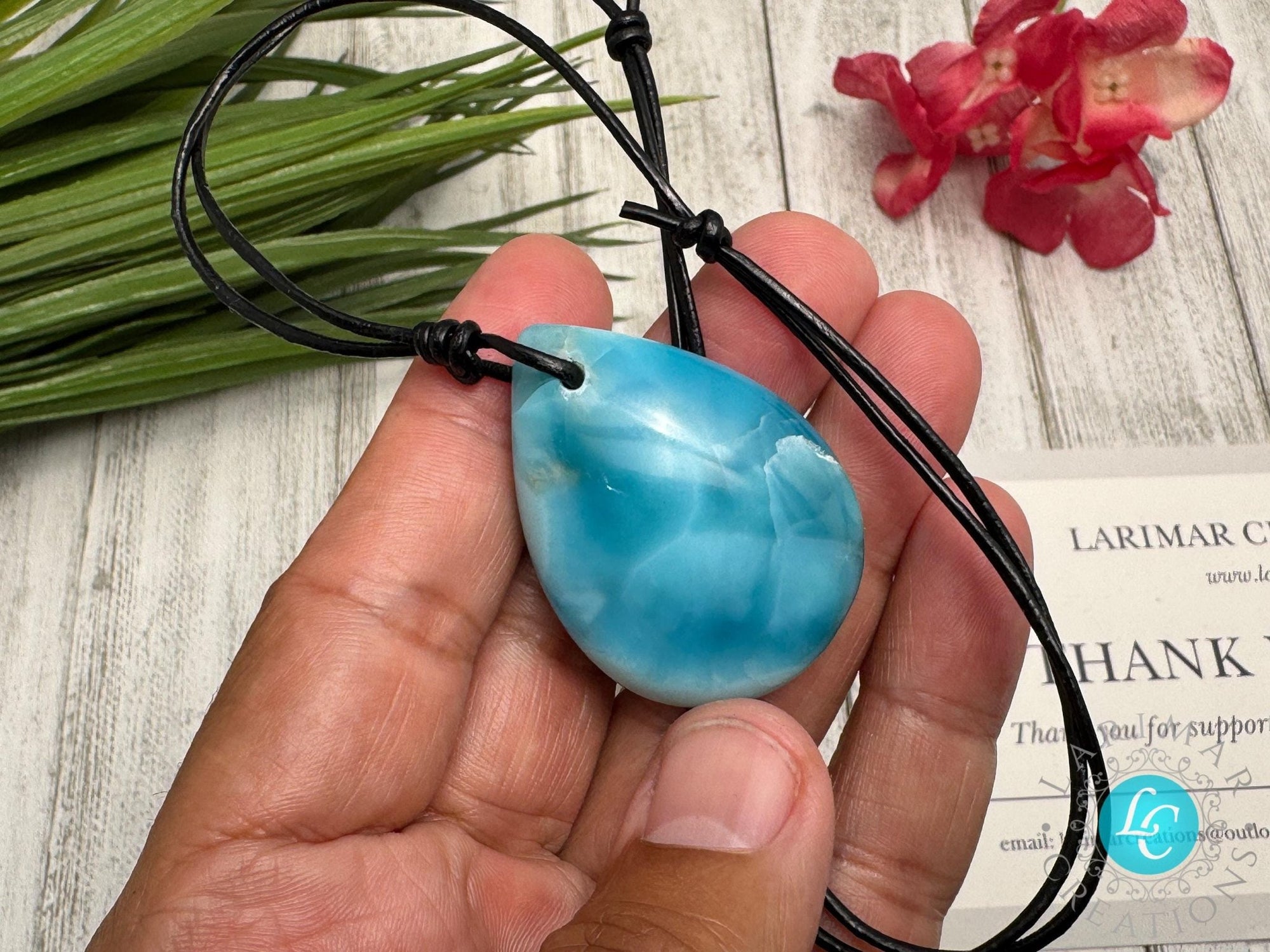 Larimar Teardrop Leather Necklace - Larimar Creations