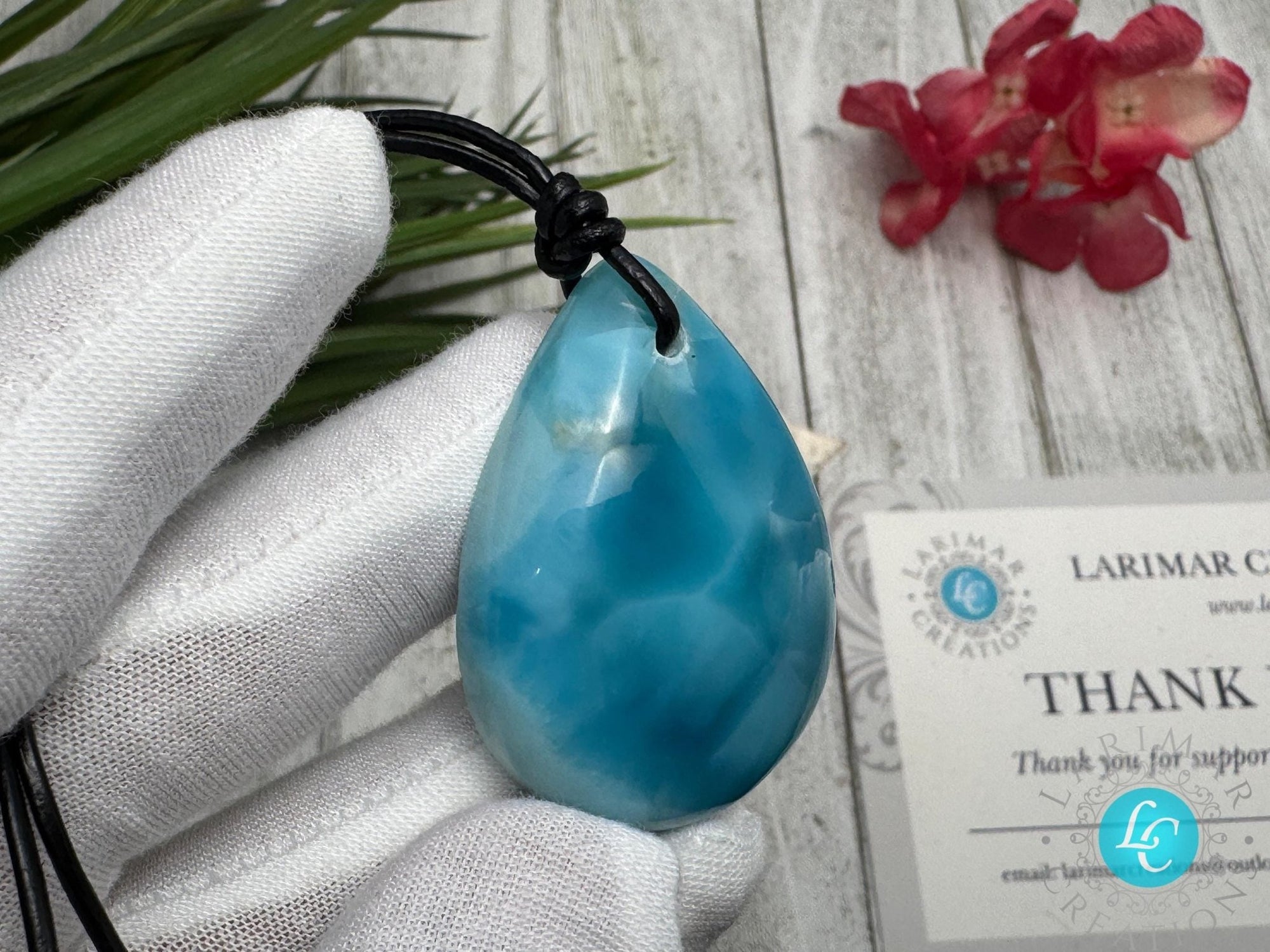 Larimar Teardrop Leather Necklace - Larimar Creations