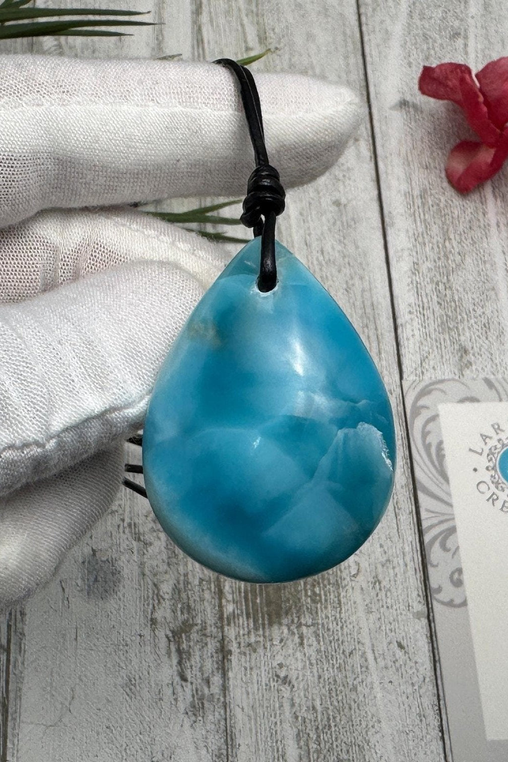Larimar Teardrop Leather Necklace - Larimar Creations
