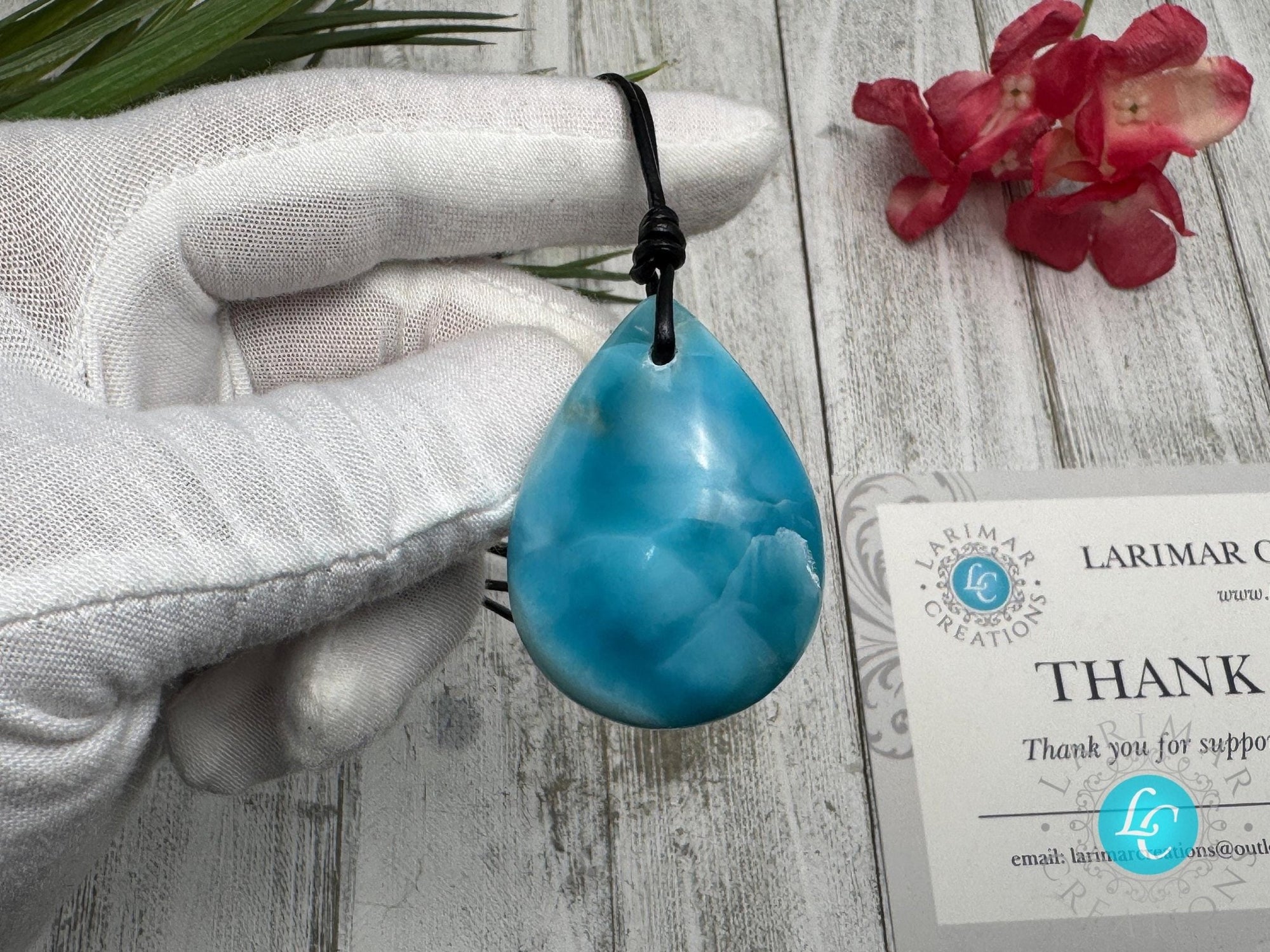 Larimar Teardrop Leather Necklace - Larimar Creations