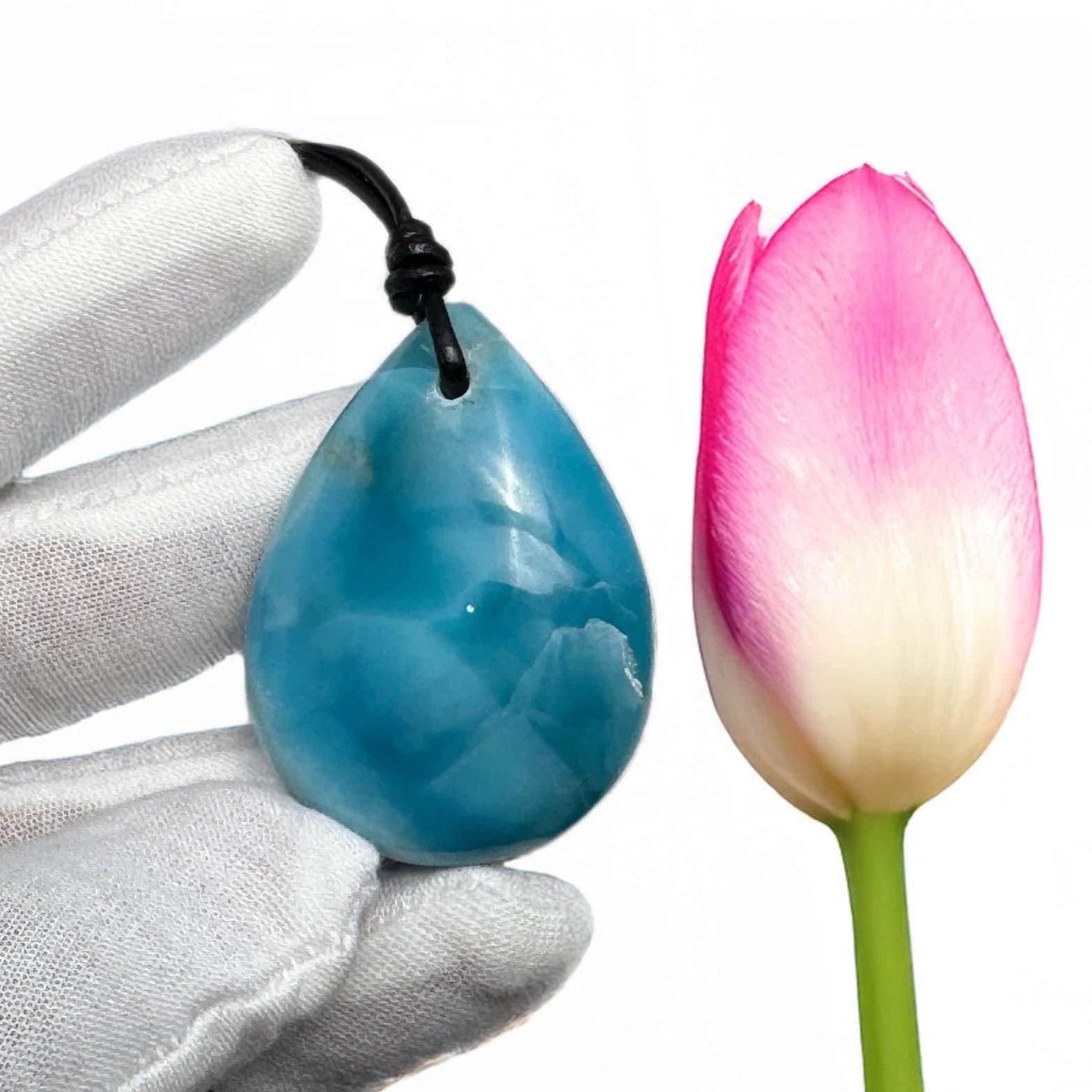 Larimar Teardrop Leather Necklace - Larimar Creations