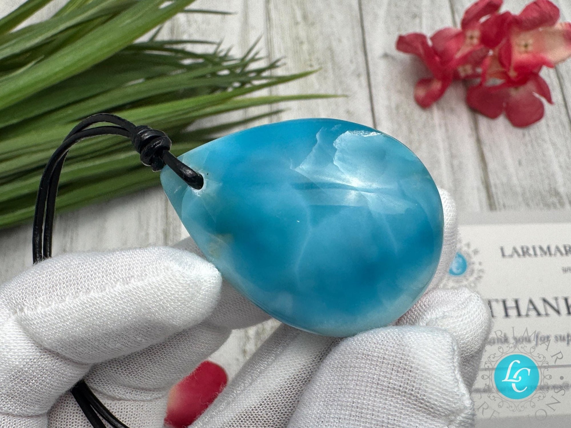 Larimar Teardrop Leather Necklace - Larimar Creations
