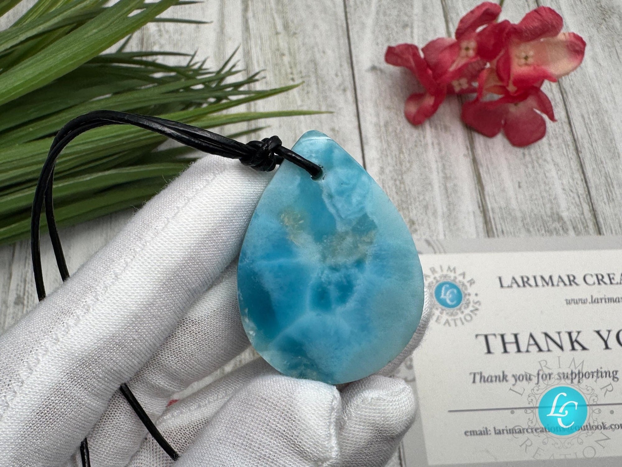 Larimar Teardrop Leather Necklace - Larimar Creations