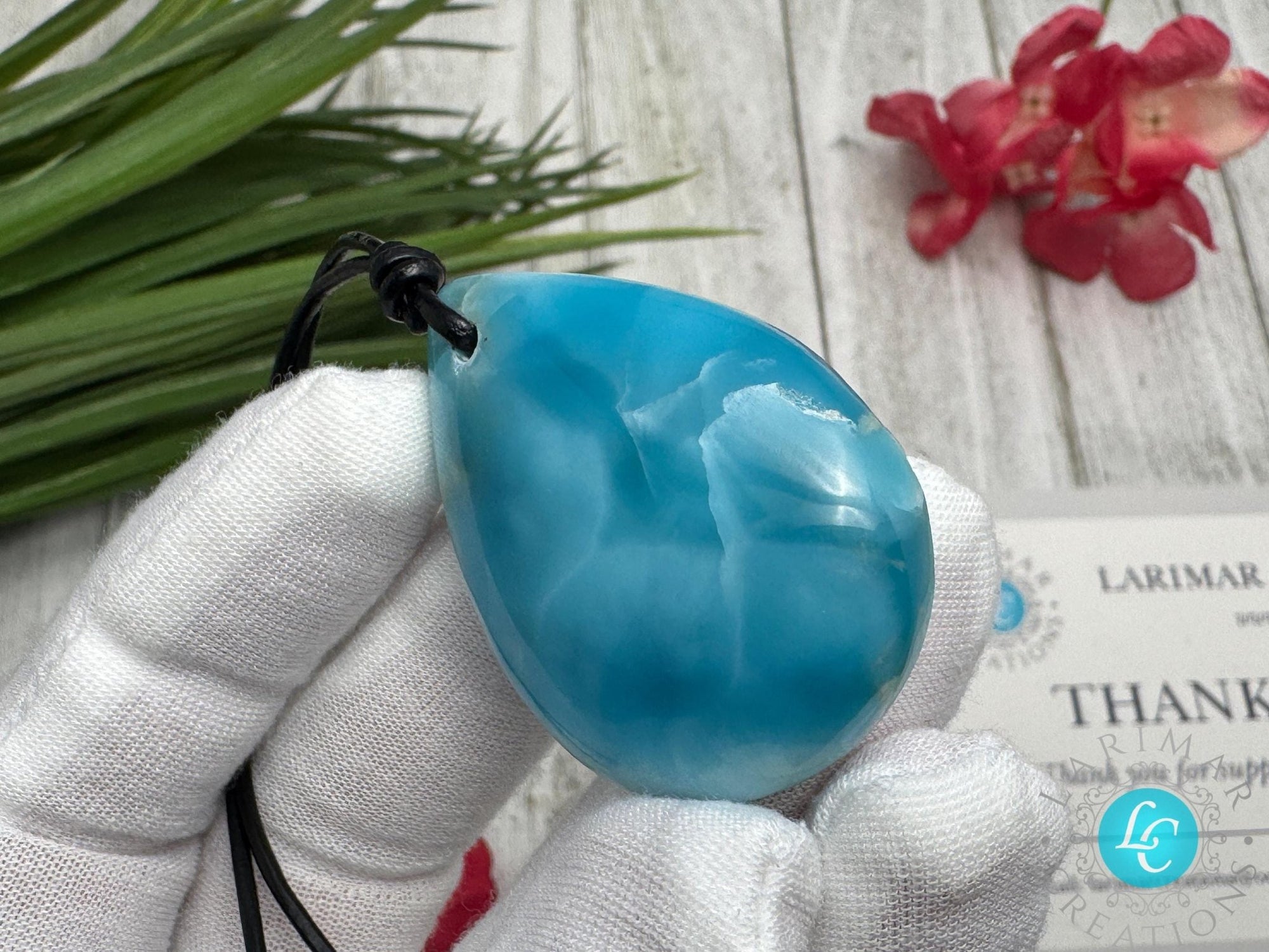 Larimar Teardrop Leather Necklace - Larimar Creations