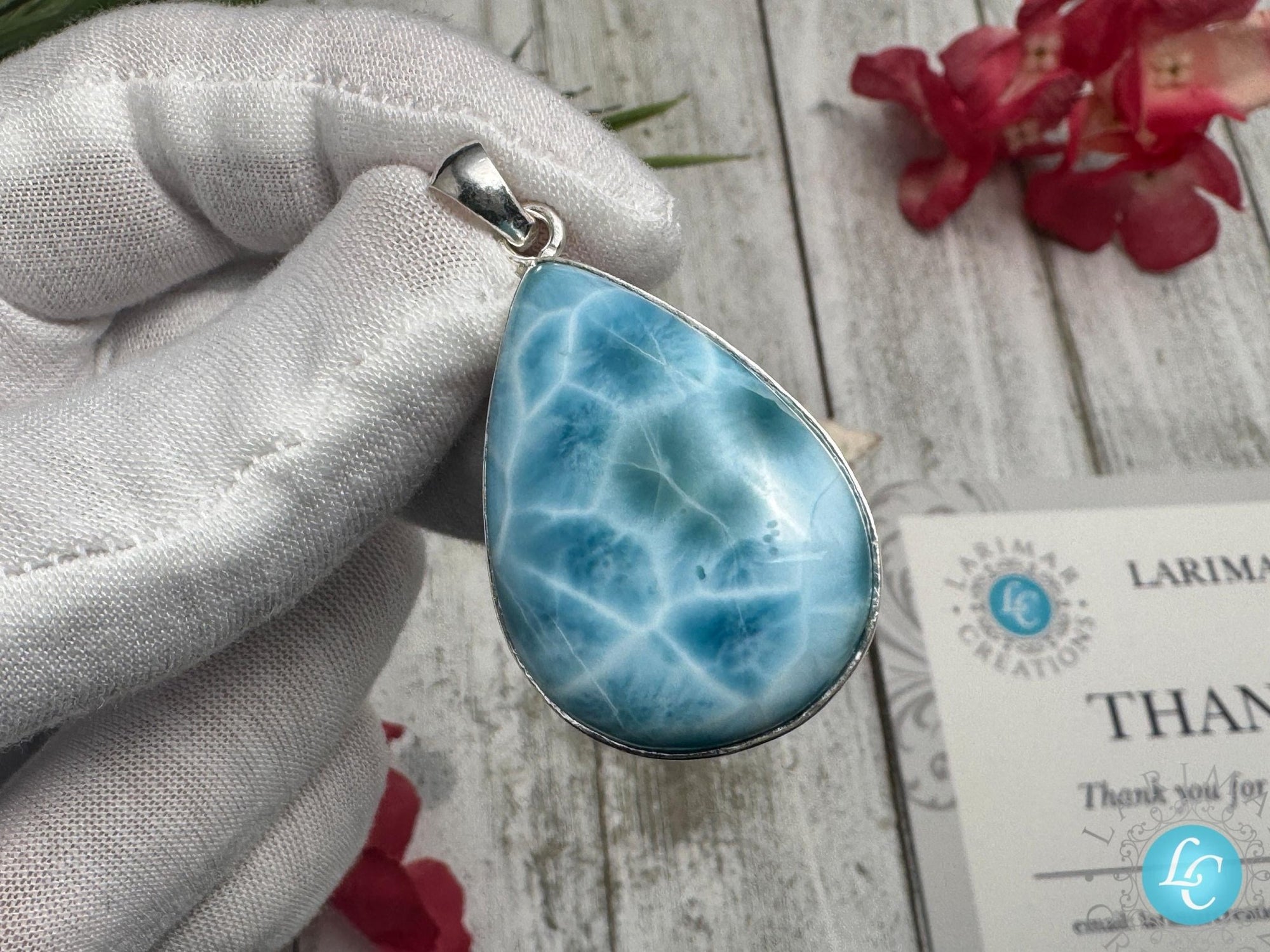 Larimar Teardrop Pendant, 925 Sterling Silver - Larimar Creations