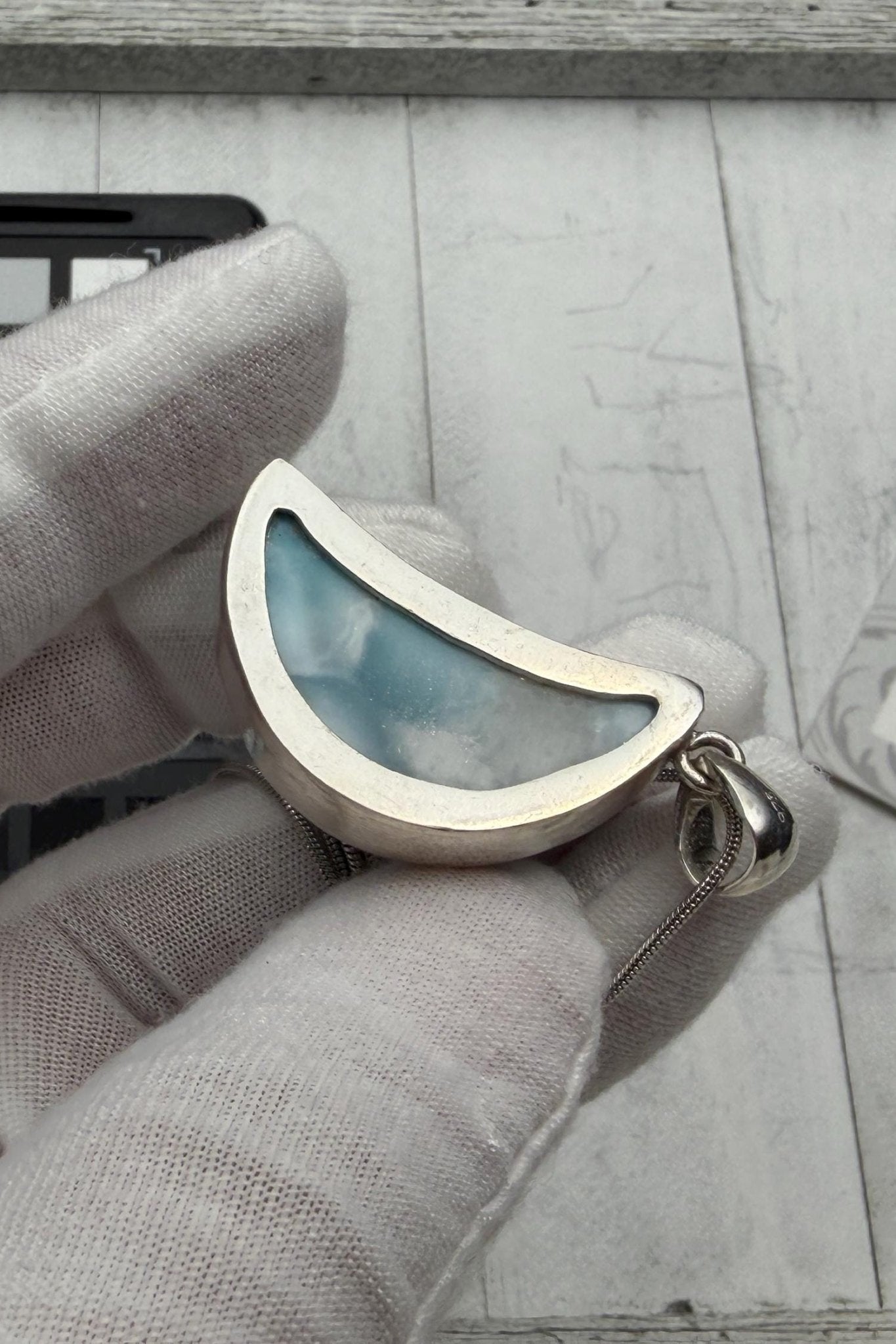 Moon Larimar Pendant | Sterling Silver Crescent - Larimar Creations