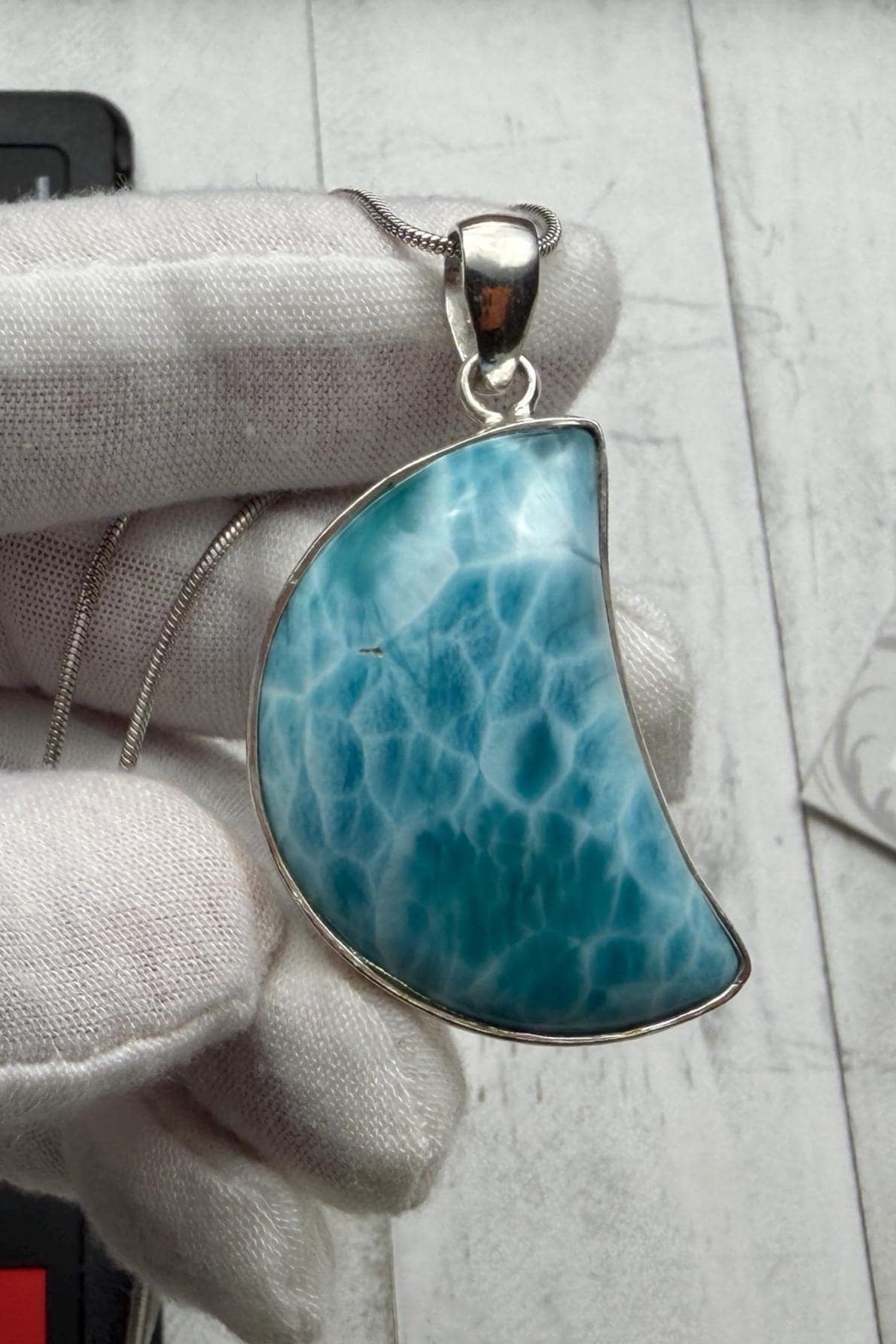 Moon Larimar Pendant | Sterling Silver Crescent - Larimar Creations