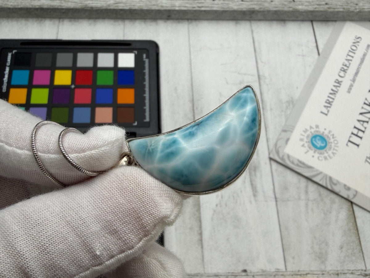 Moon Larimar Pendant | Sterling Silver Crescent - Larimar Creations