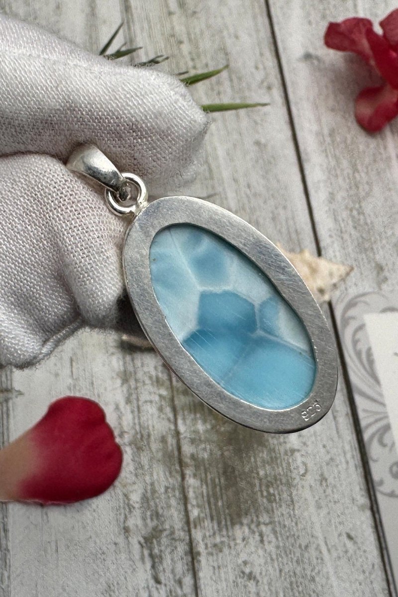 Oval Larimar Pendant Blue Gemstone Sterling Silver - Larimar Creations