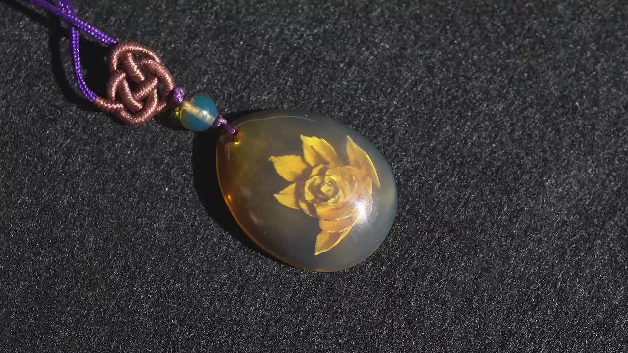 Natural Blue amber dominican flower carved in polished cabochon necklace handmade jewelry dominican