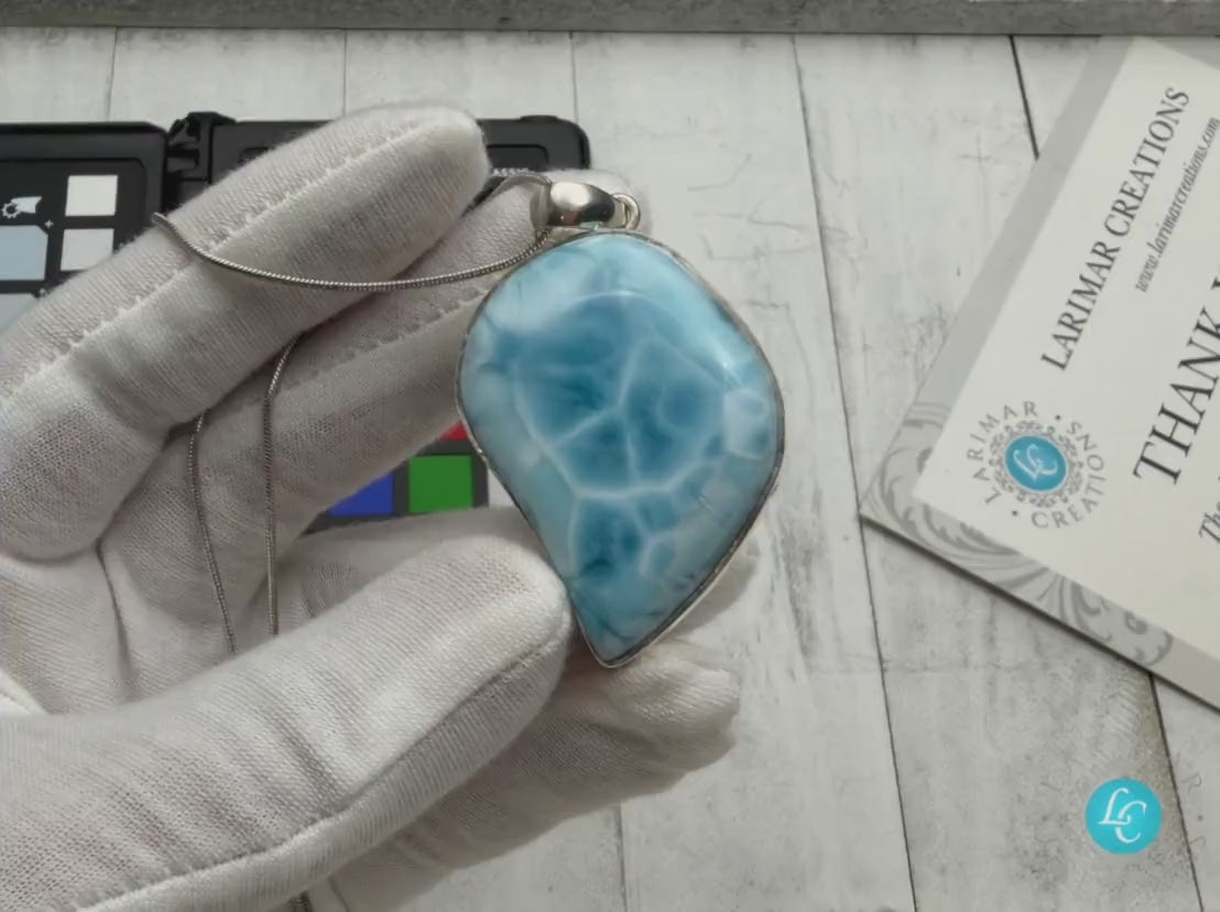 Large Larimar Freeform Pendant Necklace | Sterling Silver, Dominican Blue Gemstone, Boho Statement