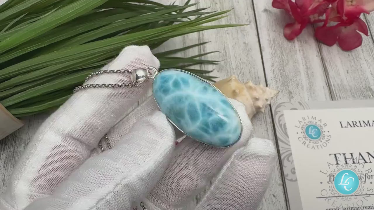 Larimar Teardrop Pendant: Handmade 925 Sterling Silver, Blue Gemstone