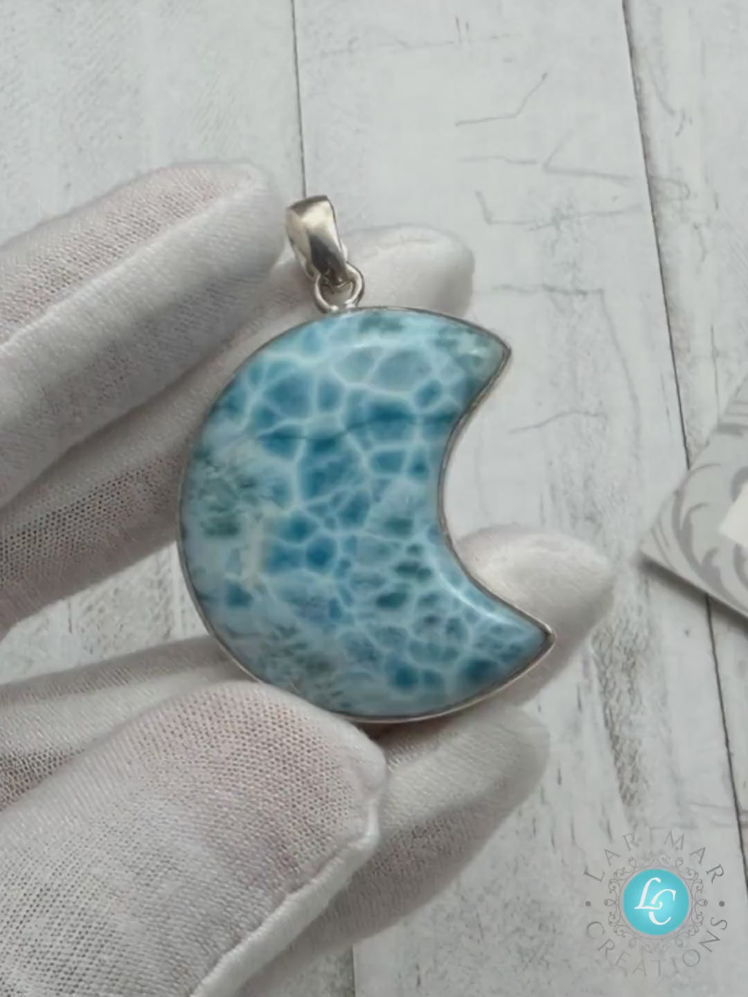 Larimar pendant Moon | Super Blue Gemstone 925 sterling silver, Mirror-Polished Crescent Stone, Larimar necklace silver