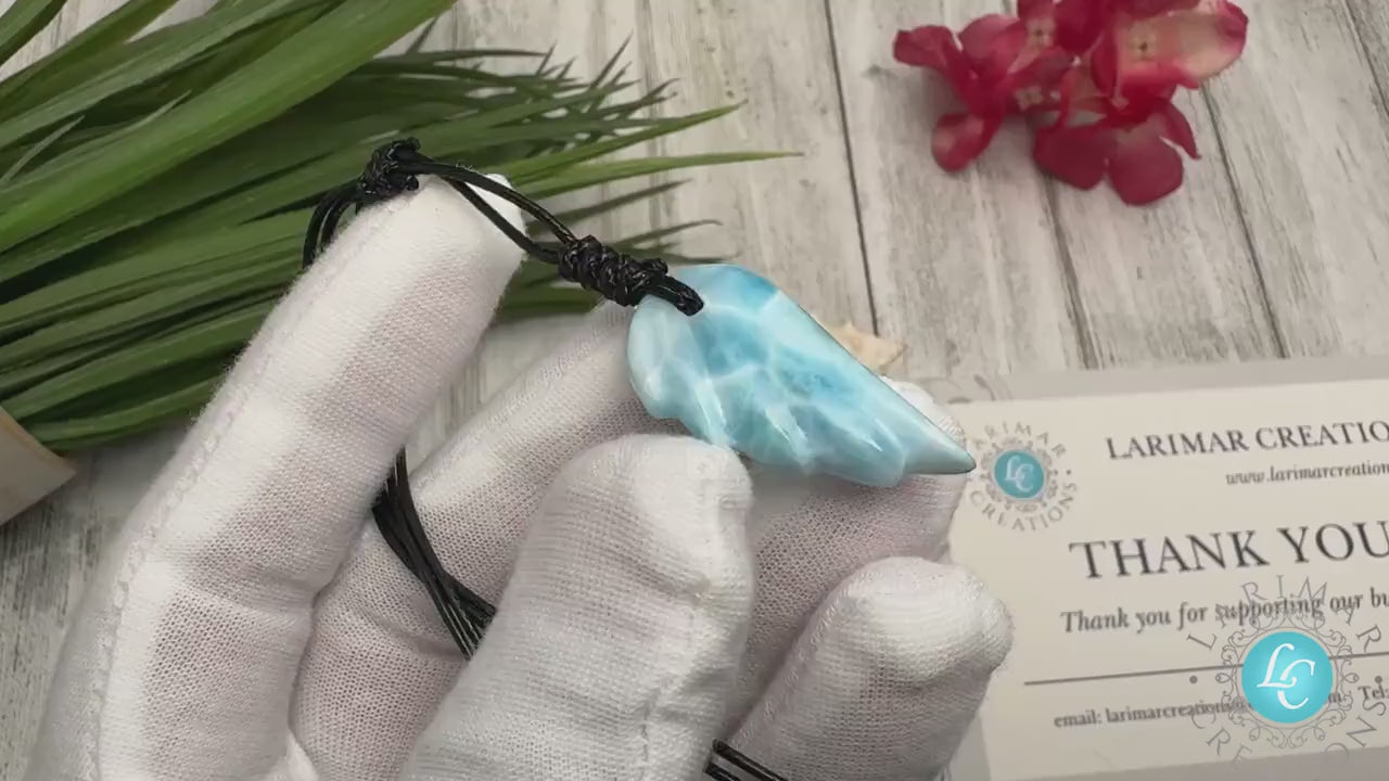 Stunning Larimar Pendant Wing Design on Adjustable rope - Larimar Necklace with Angel Wing gemstone