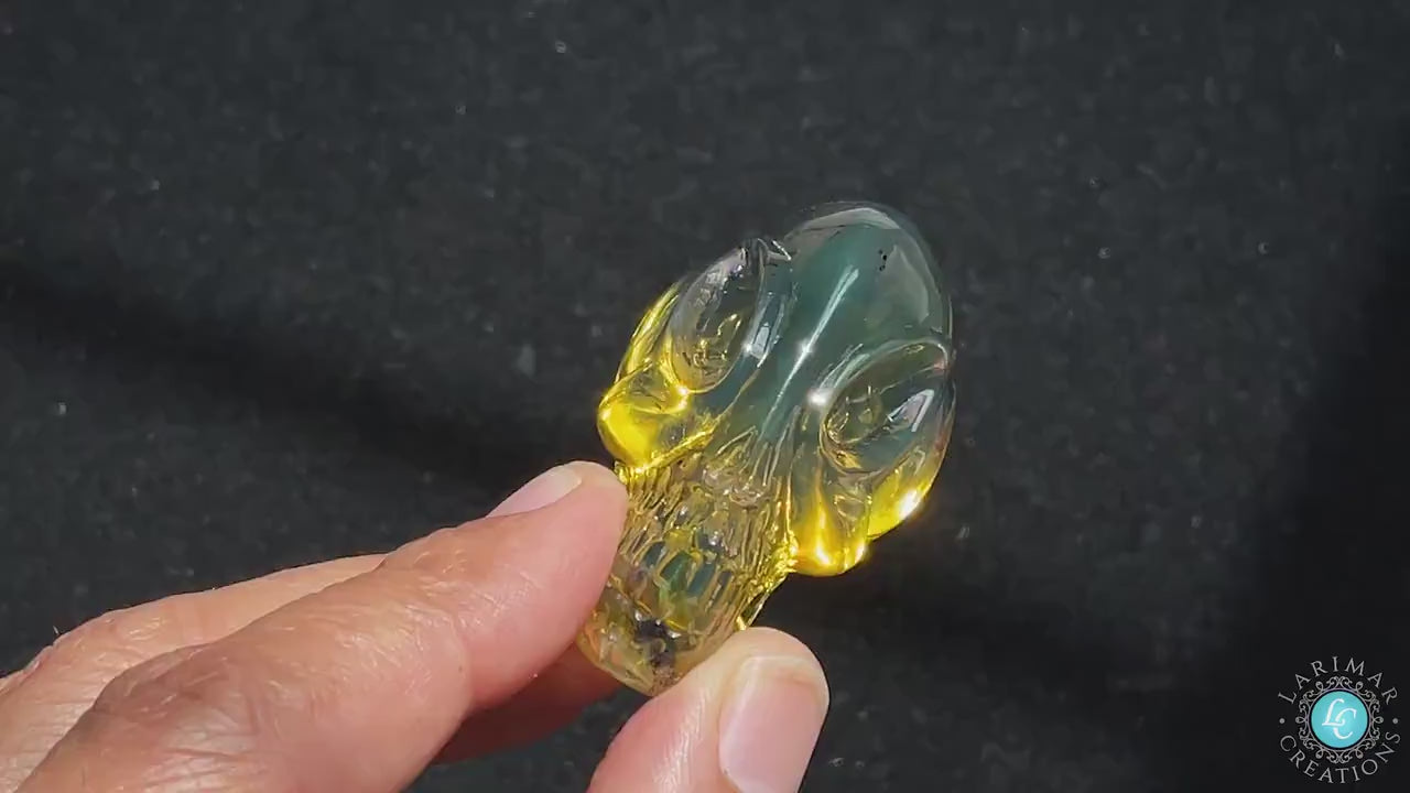 Authentic Natural blue green amber dominican Alien skull handmade carving, dominican green blue amber realistic Alien skull carving