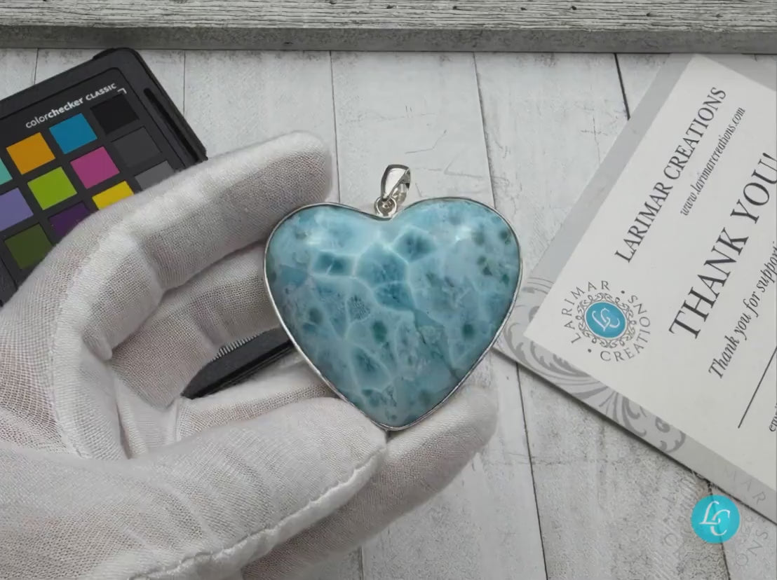 Large Larimar Heart Pendant – Natural Gemstone Necklace, 925 Sterling silver Larimar heart pendant