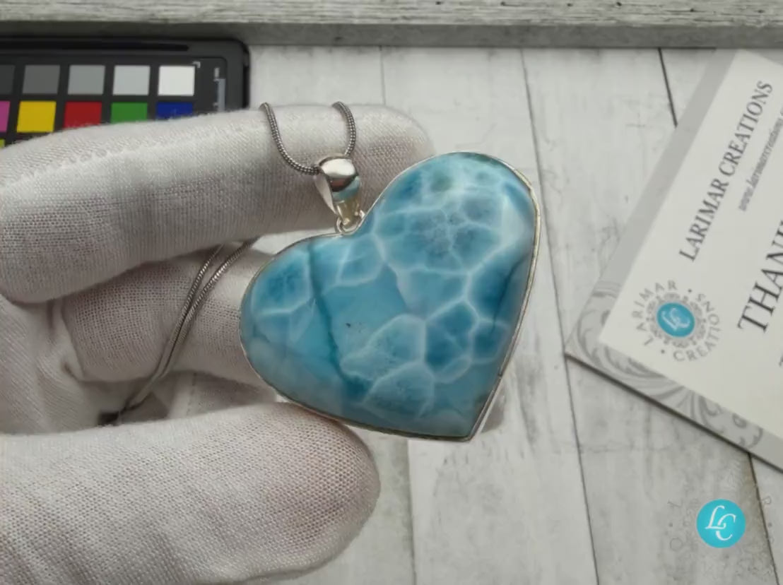 Large Larimar Heart Pendant | 925 Sterling Silver Natural Gemstone Necklace | Authentic Dominican Caribbean Jewelry | Ocean Gift for Her