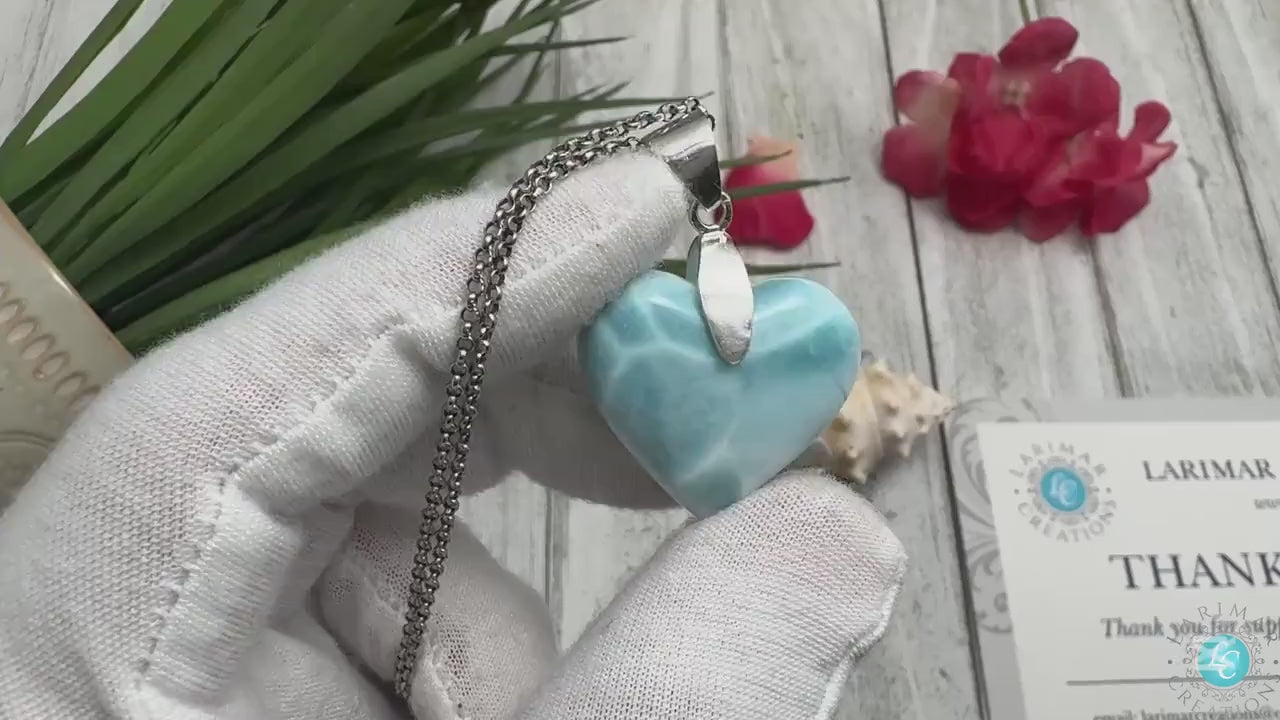 Larimar Heart Pendant: Handcrafted Caribbean Gemstone, Sterling Silver