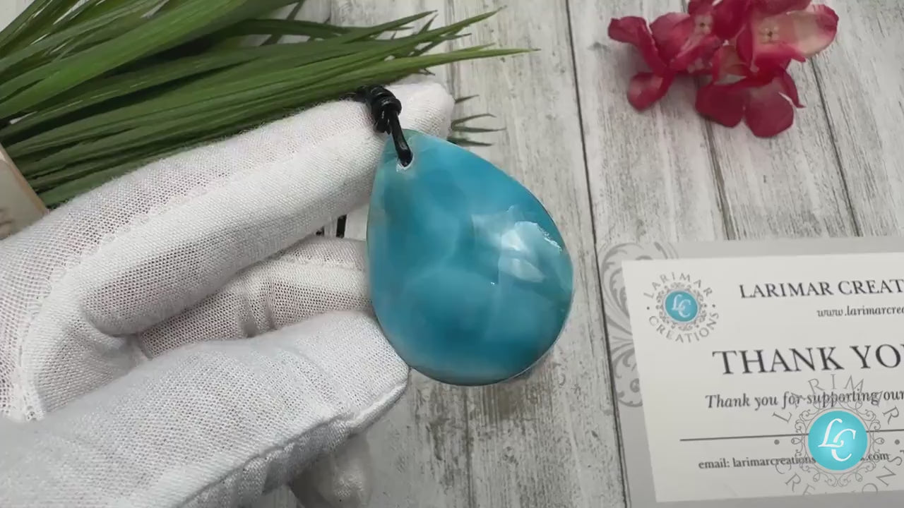 handmade Larimar teardrop leather necklace, super blue Dominican stone