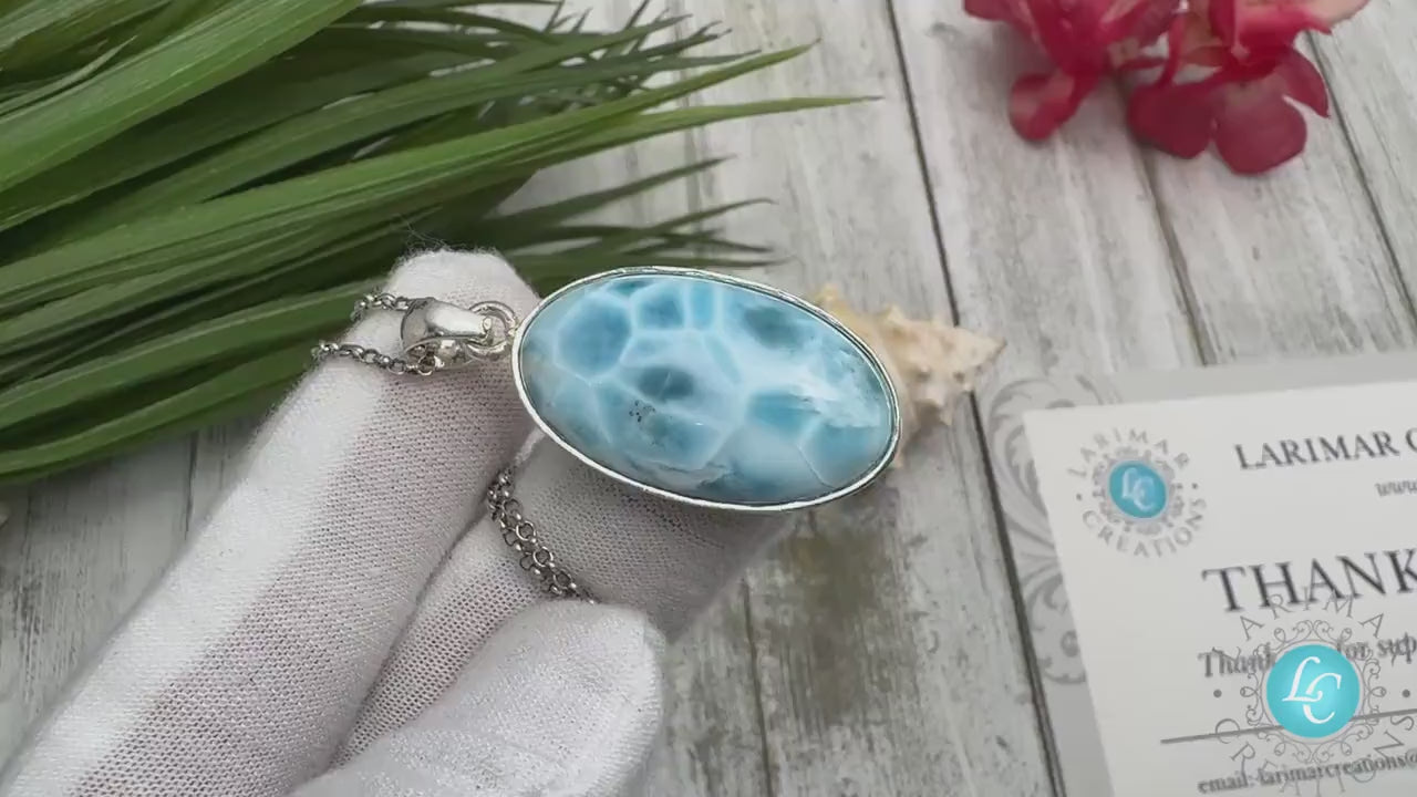 Oval Larimar Pendant Blue Gemstone Sterling Silver Handmade Dominican Stone Necklace Jewelry