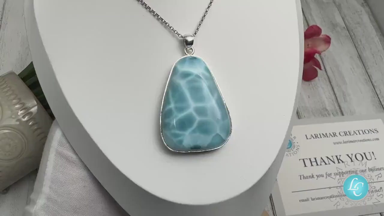 Larimar Pendant - Genuine Larimar Pendant Necklace - Large Teardrop Silver Jewelry, Stunning Larimar Pendant Ocean Gemstone Necklace