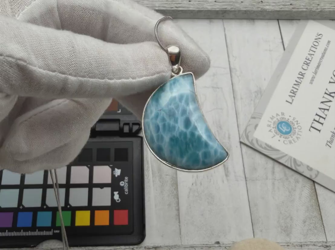 Moon Larimar Pendant | Sterling Silver Crescent Gemstone Necklace