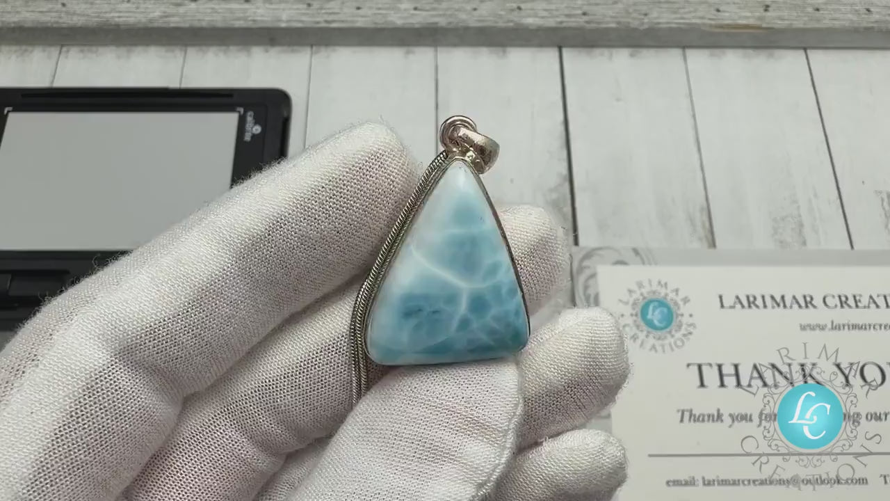 Large Triangle Larimar Pendant Necklace, Sterling Silver Caribbean Blue Stone, Boho Style