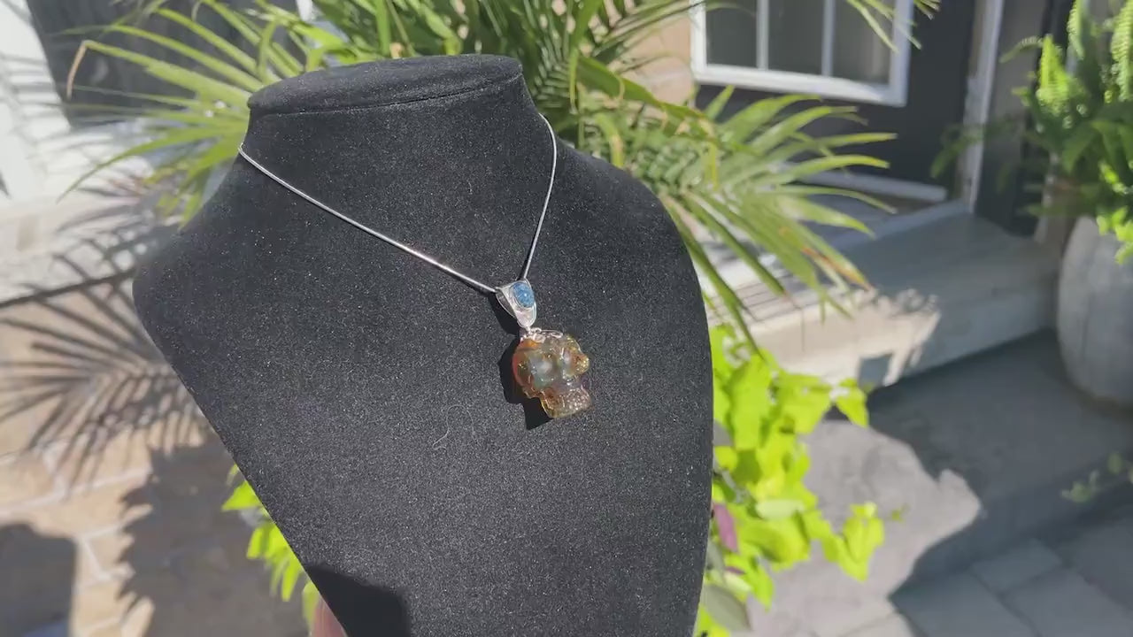 small dominican blue amber amber pendant skull handmade carving , blue green amber skull carving pendant realistic skull carving 925 silver