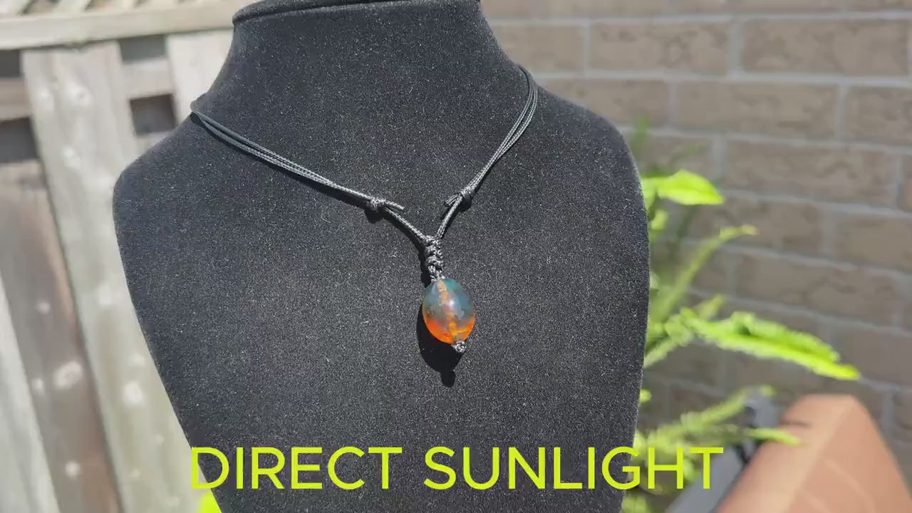 Blue amber adjustable pendant, dominican blue amber leather necklace