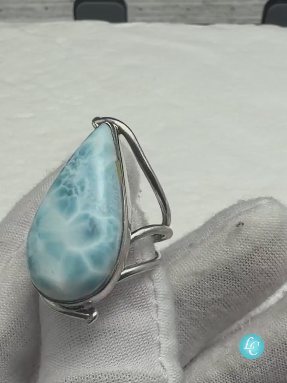 Sterling Silver Larimar Teardrop Ring Size 7 US Dominican Blue Stone Cabochon Jewelry