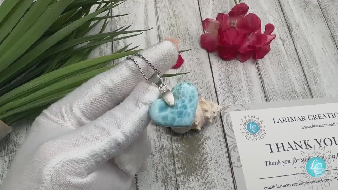 Larimar Heart Necklace: Caribbean Blue Gemstone, Sterling Silver