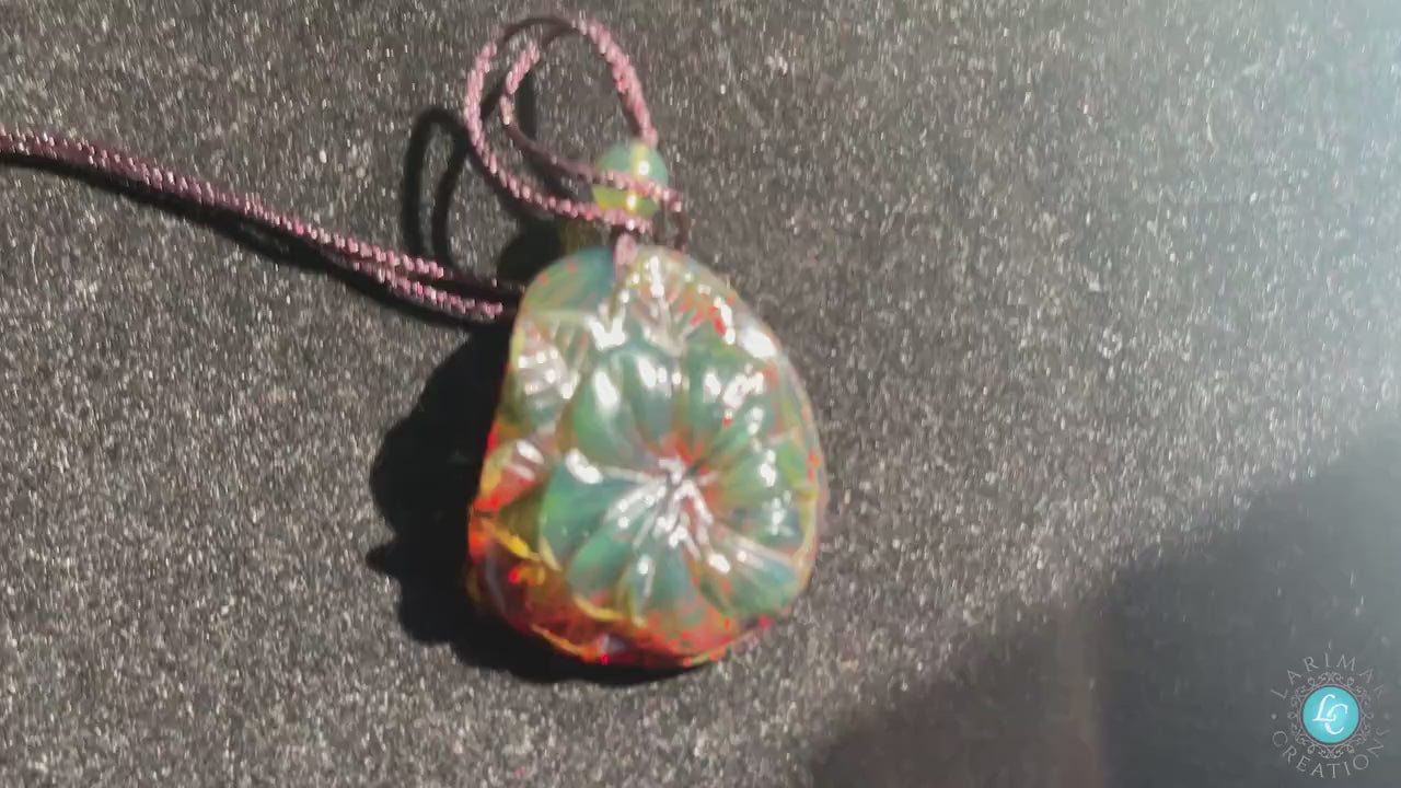 Natural Dominican Amber Green Carving Pendant, 100% Authentic Green amber Dominican flower carving