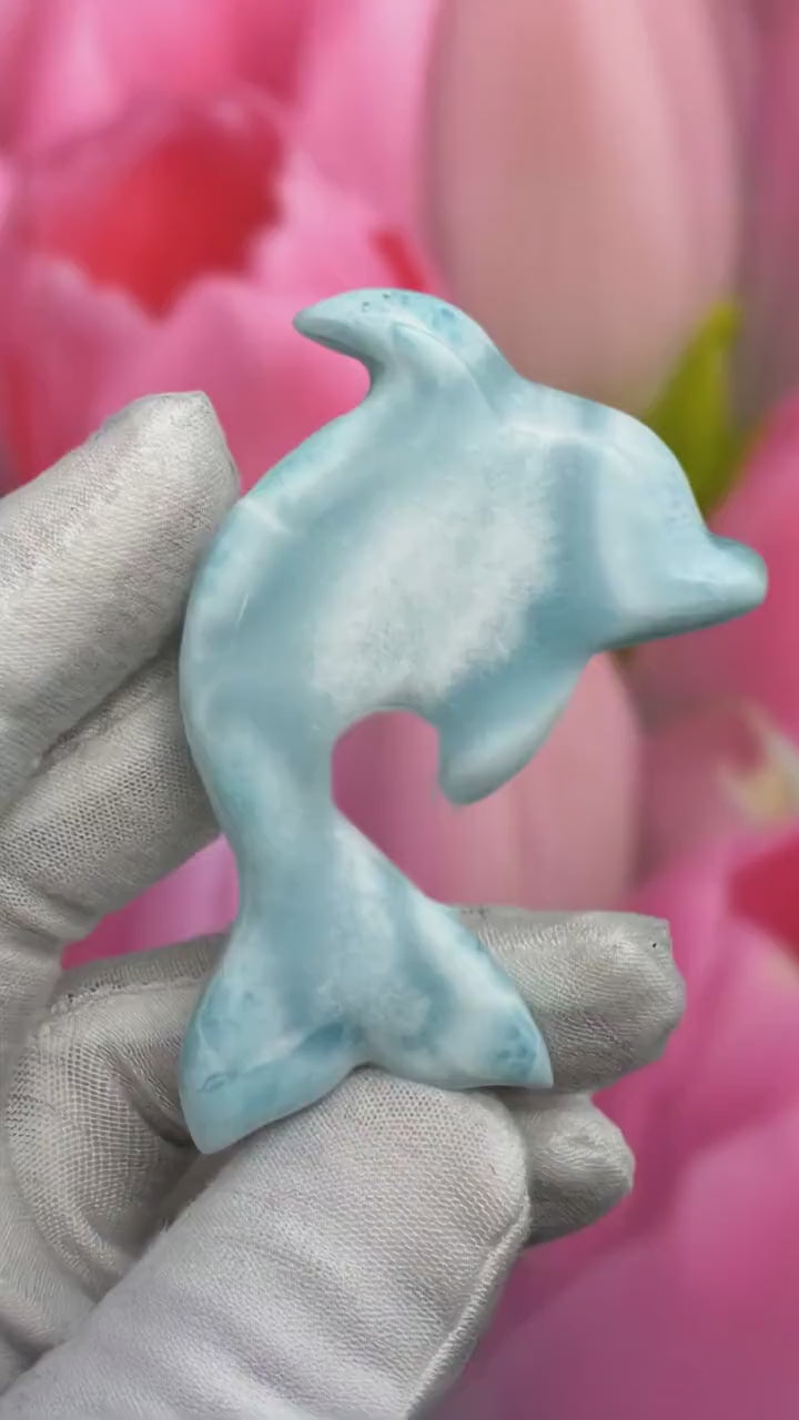Handcrafted Larimar Dolphin Carving – Ocean-Inspired Larimar Sculpture, Healing Crystal Home Decor, Unique Gift for Sea Lovers