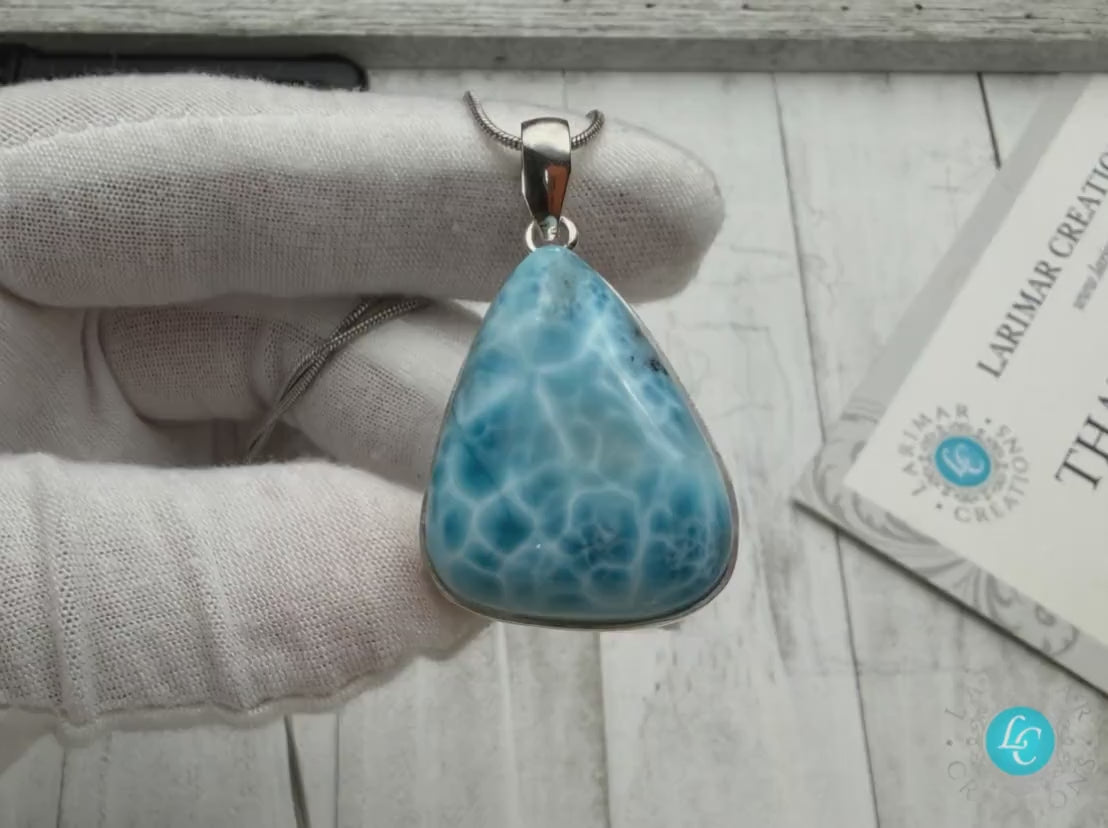 Bell Shape Large Larimar Pendant Sterling Silver Dominican Ocean Gemstone Pendant, Cabochon Jewelry.